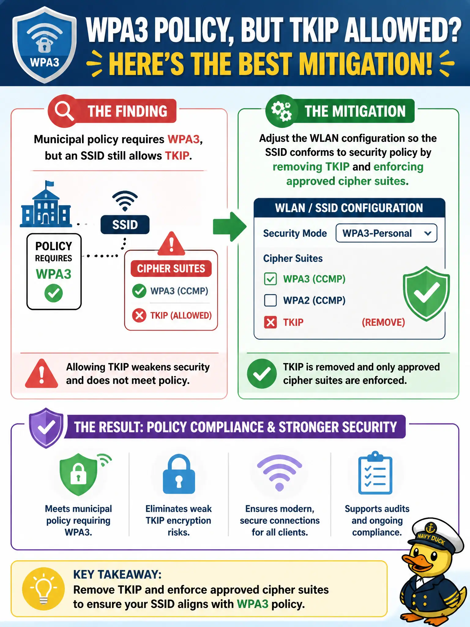 To Create an exciting colorful infographic that explains the concepts in the question: Question: Municipal policy requires WPA3, but an SSID still allows TKIP. What mitigation best addresses that finding? Correct Answer: Adjust the WLAN configuration so the SSID conforms to security policy by removing TKIP and enforcing approved cipher suites. Put EVERY visible label in double quotes. No people. No A/B/C/D letters. In one of the four corners put a little "Navy Duck".