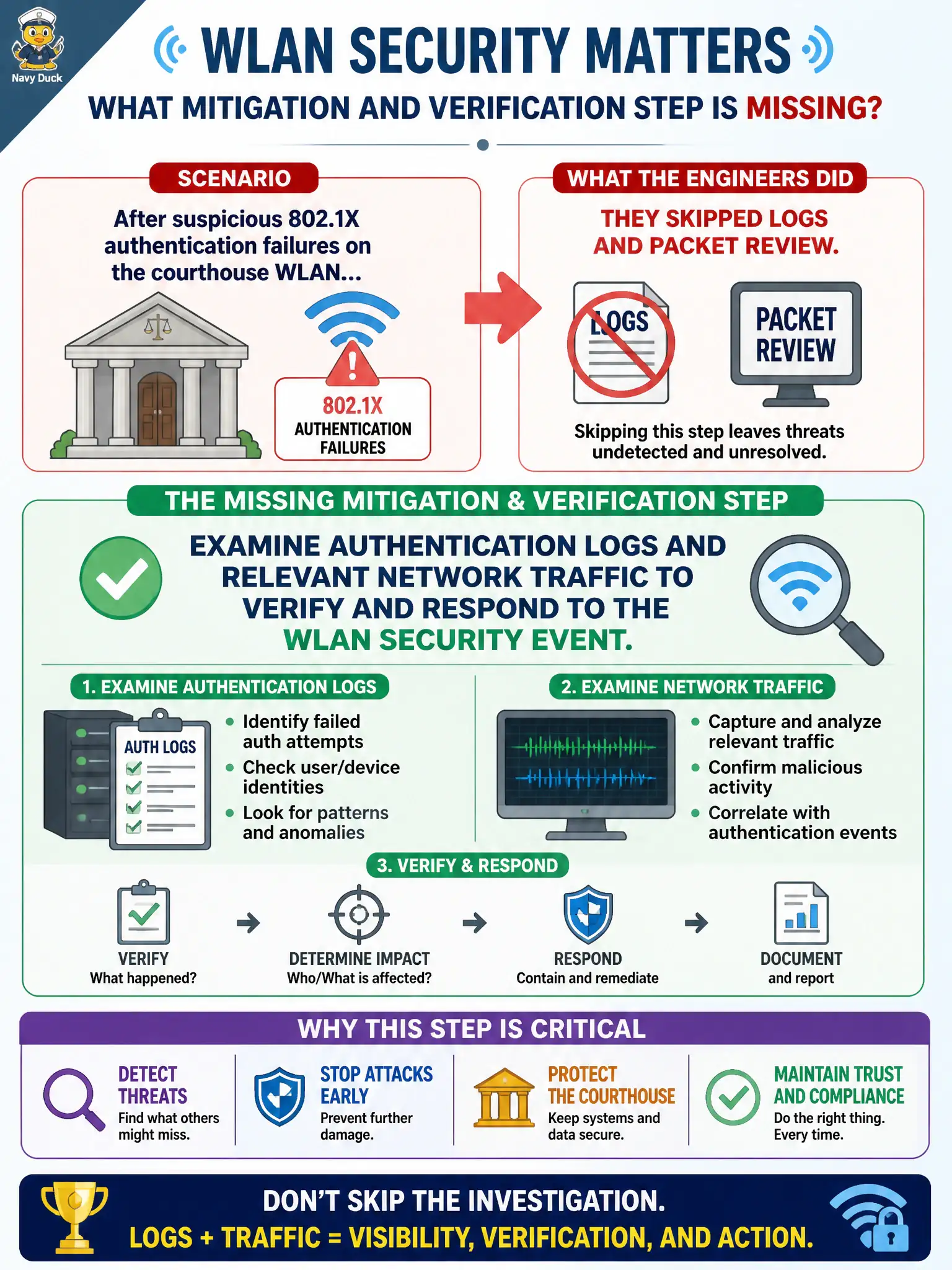 To Create an exciting colorful infographic that explains the concepts in the question: Question: After suspicious 802.1X authentication failures on the courthouse WLAN, engineers skip logs and packet review. What mitigation and verification step is missing? Correct Answer: Examine authentication logs and relevant network traffic to verify and respond to the WLAN security event. Put EVERY visible label in double quotes. No people. No A/B/C/D letters. In one of the four corners put a little "Navy Duck".