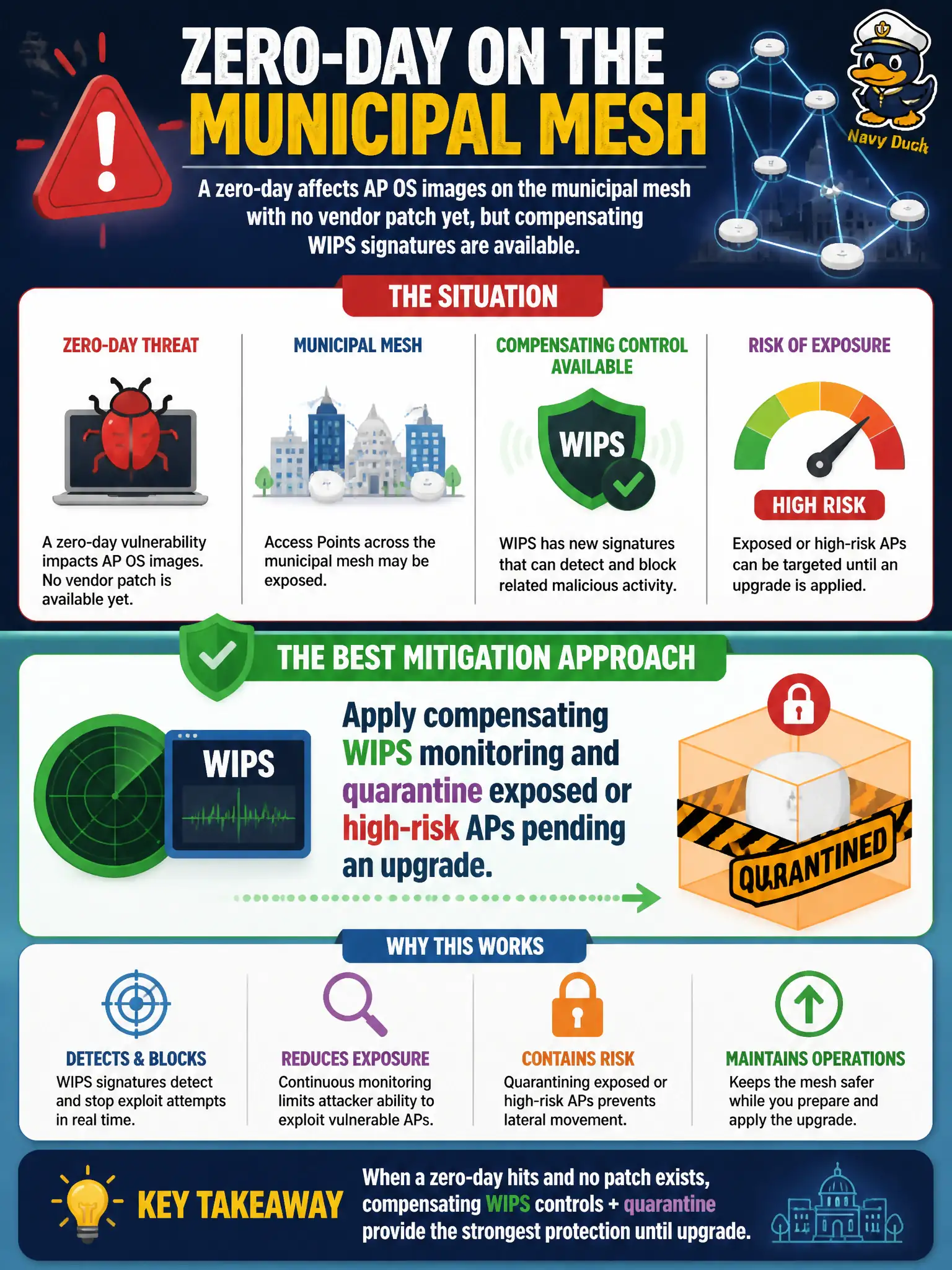 To Create an exciting colorful infographic that explains the concepts in the question: Question: A zero-day affects AP OS images on the municipal mesh with no vendor patch yet, but compensating WIPS signatures are available. What mitigation approach fits best? Correct Answer: Apply compensating WIPS monitoring and quarantine exposed or high-risk APs pending an upgrade. Put EVERY visible label in double quotes. No people. No A/B/C/D letters. In one of the four corners put a little "Navy Duck".