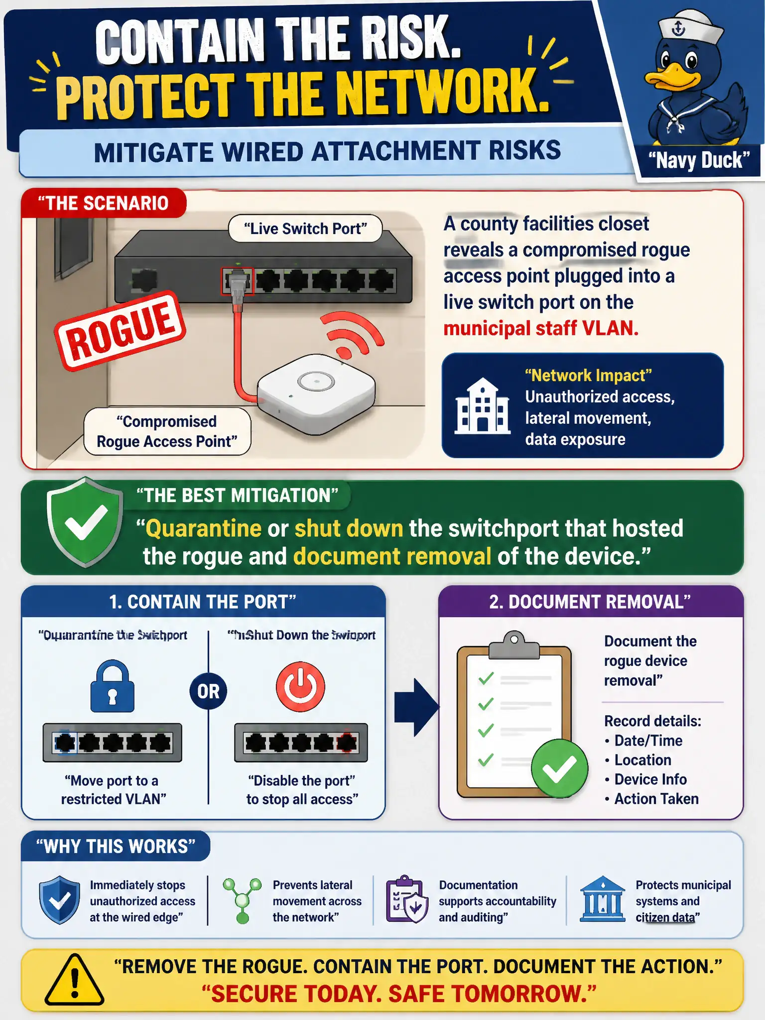 To Create an exciting colorful infographic that explains the concepts in the question: Question: A county facilities closet reveals a compromised rogue access point plugged into a live switch port on the municipal staff VLAN. Besides removing the device, which mitigation best contains the wired attachment risk? Correct Answer: Quarantine or shut down the switchport that hosted the rogue and document removal of the device Put EVERY visible label in double quotes. No people. No A/B/C/D letters. In one of the four corners put a little "Navy Duck".