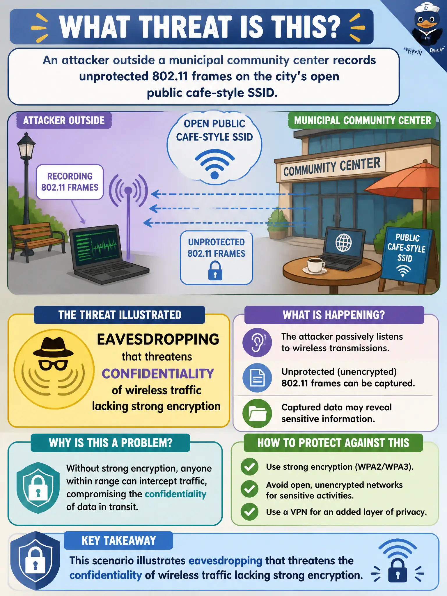 To Create an exciting colorful infographic that explains the concepts in the question: Question: An attacker outside a municipal community center records unprotected 802.11 frames on the city’s open public cafe-style SSID. Which threat does this scenario primarily illustrate? Correct Answer: Eavesdropping that threatens confidentiality of wireless traffic lacking strong encryption Put EVERY visible label in double quotes. No people. No A/B/C/D letters. In one of the four corners put a little "Navy Duck".