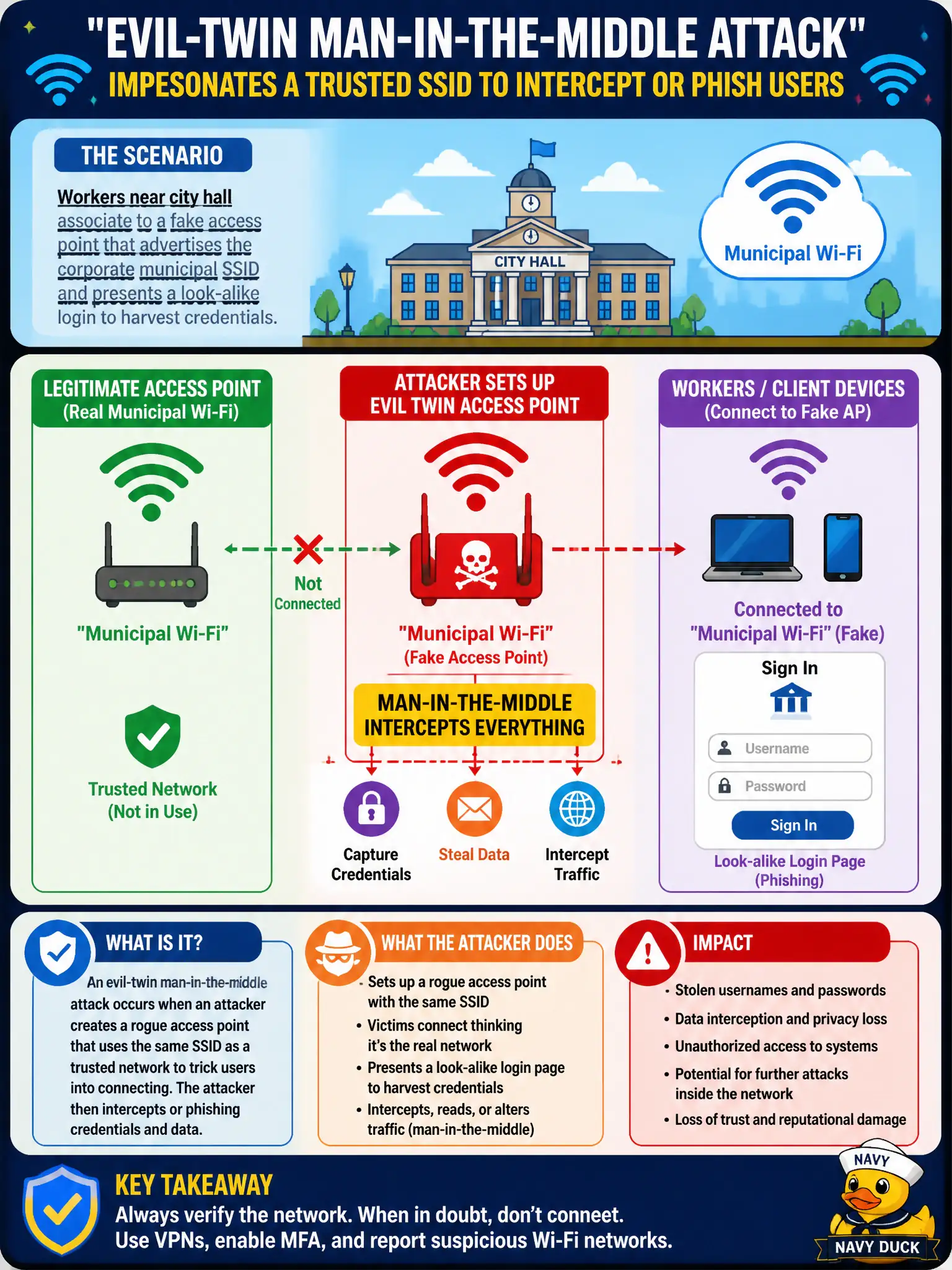 To Create an exciting colorful infographic that explains the concepts in the question: Question: Workers near city hall associate to a fake access point that advertises the corporate municipal SSID and presents a look-alike login to harvest credentials. Which attack pattern best describes this? Correct Answer: An evil-twin man-in-the-middle that impersonates a trusted SSID to intercept or phish users Put EVERY visible label in double quotes. No people. No A/B/C/D letters. In one of the four corners put a little "Navy Duck".