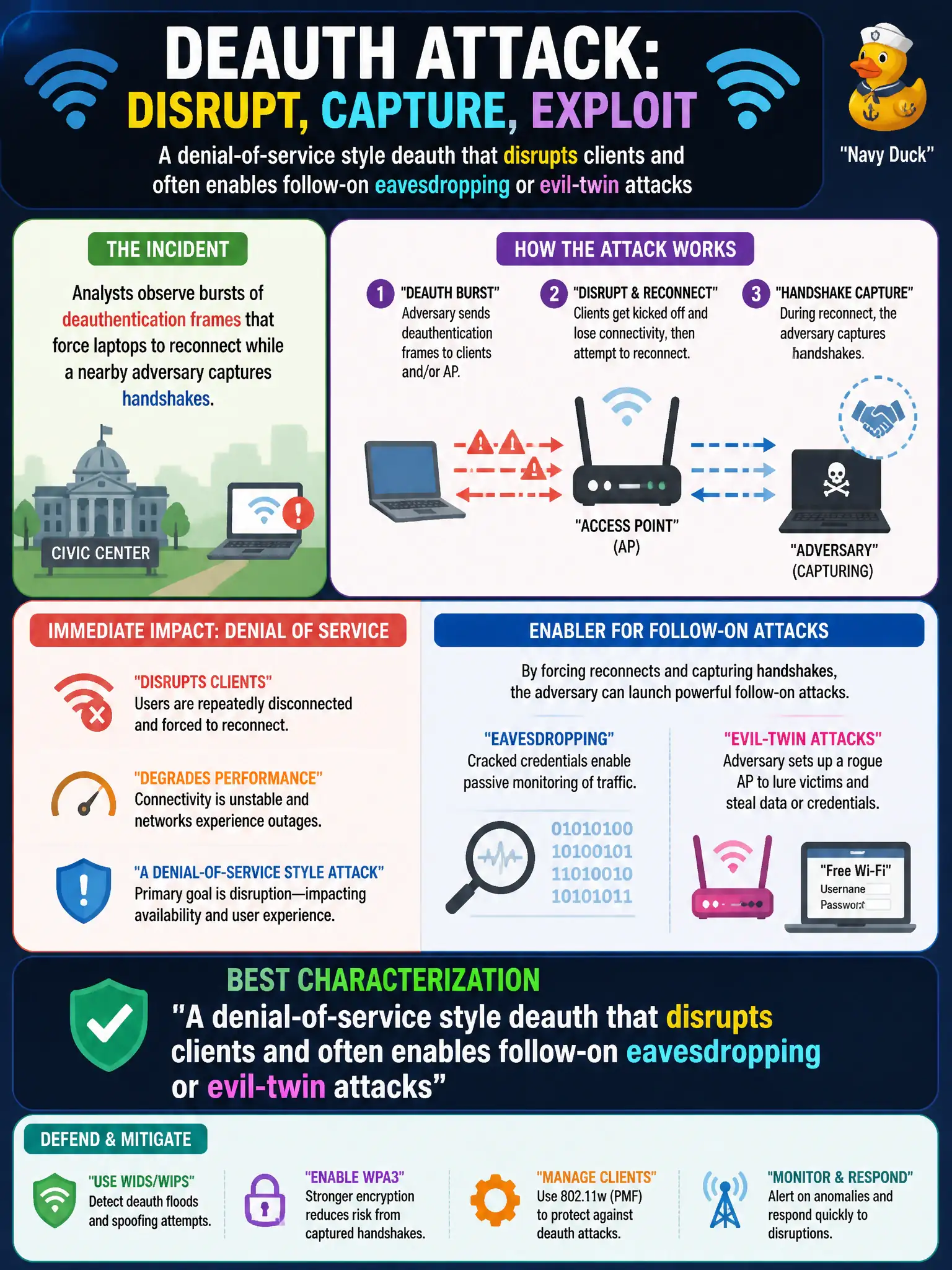 To Create an exciting colorful infographic that explains the concepts in the question: Question: During a civic-center incident review, analysts see bursts of deauthentication frames that force laptops to reconnect while a nearby adversary captures handshakes. What is the best characterization of this technique? Correct Answer: A denial-of-service style deauth that disrupts clients and often enables follow-on eavesdropping or evil-twin attacks Put EVERY visible label in double quotes. No people. No A/B/C/D letters. In one of the four corners put a little "Navy Duck".