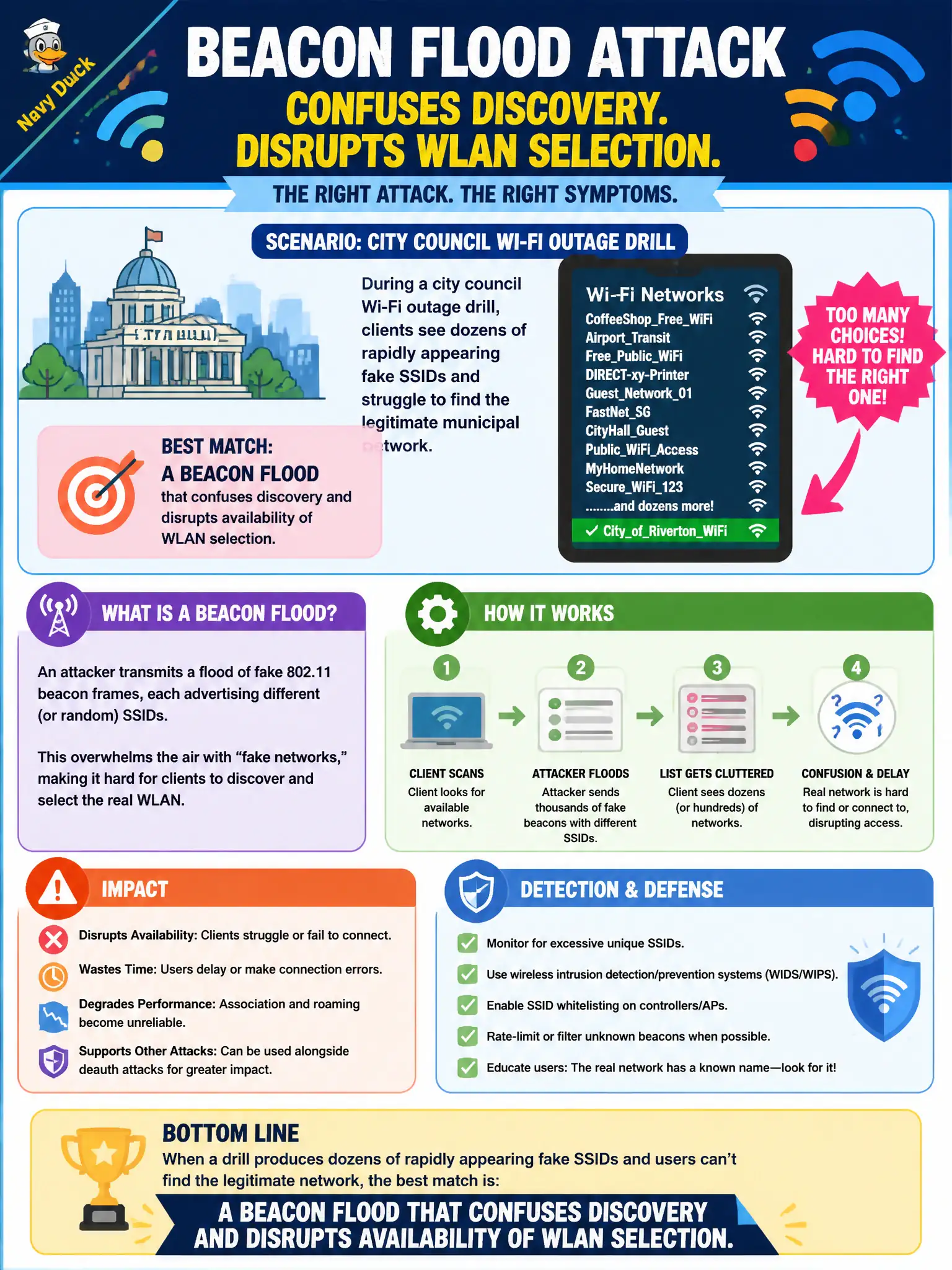 To Create an exciting colorful infographic that explains the concepts in the question: Question: During a city council Wi-Fi outage drill, clients see dozens of rapidly appearing fake SSIDs and struggle to find the legitimate municipal network. Which attack best matches this symptom? Correct Answer: A beacon flood that confuses discovery and disrupts availability of WLAN selection Put EVERY visible label in double quotes. No people. No A/B/C/D letters. In one of the four corners put a little "Navy Duck".