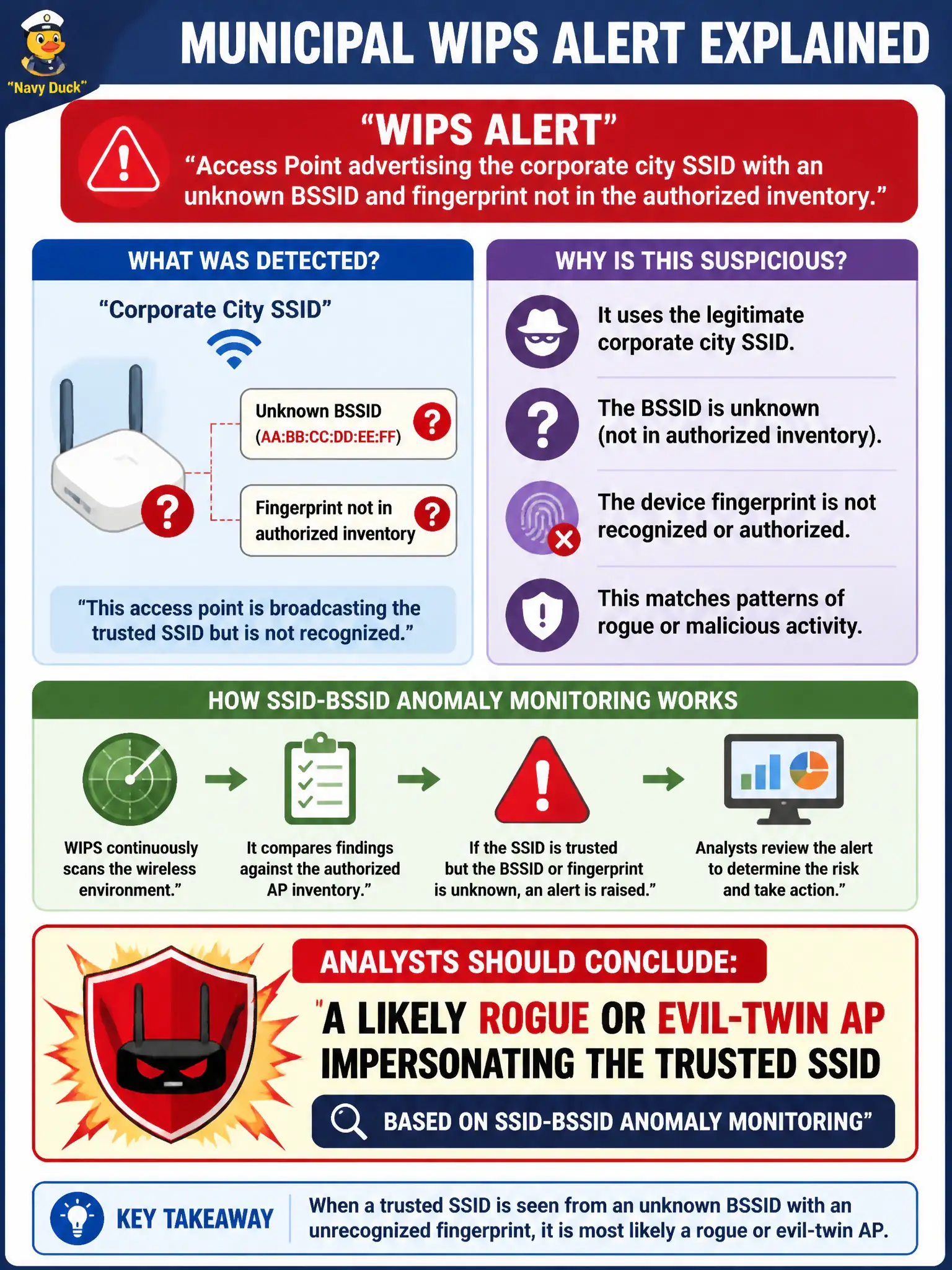 To Create an exciting colorful infographic that explains the concepts in the question: Question: Municipal WIPS alerts on an access point advertising the corporate city SSID with an unknown BSSID and fingerprint not in the authorized inventory. What should analysts conclude they have detected? Correct Answer: A likely rogue or evil-twin AP impersonating the trusted SSID based on SSID-BSSID anomaly monitoring Put EVERY visible label in double quotes. No people. No A/B/C/D letters. In one of the four corners put a little "Navy Duck".