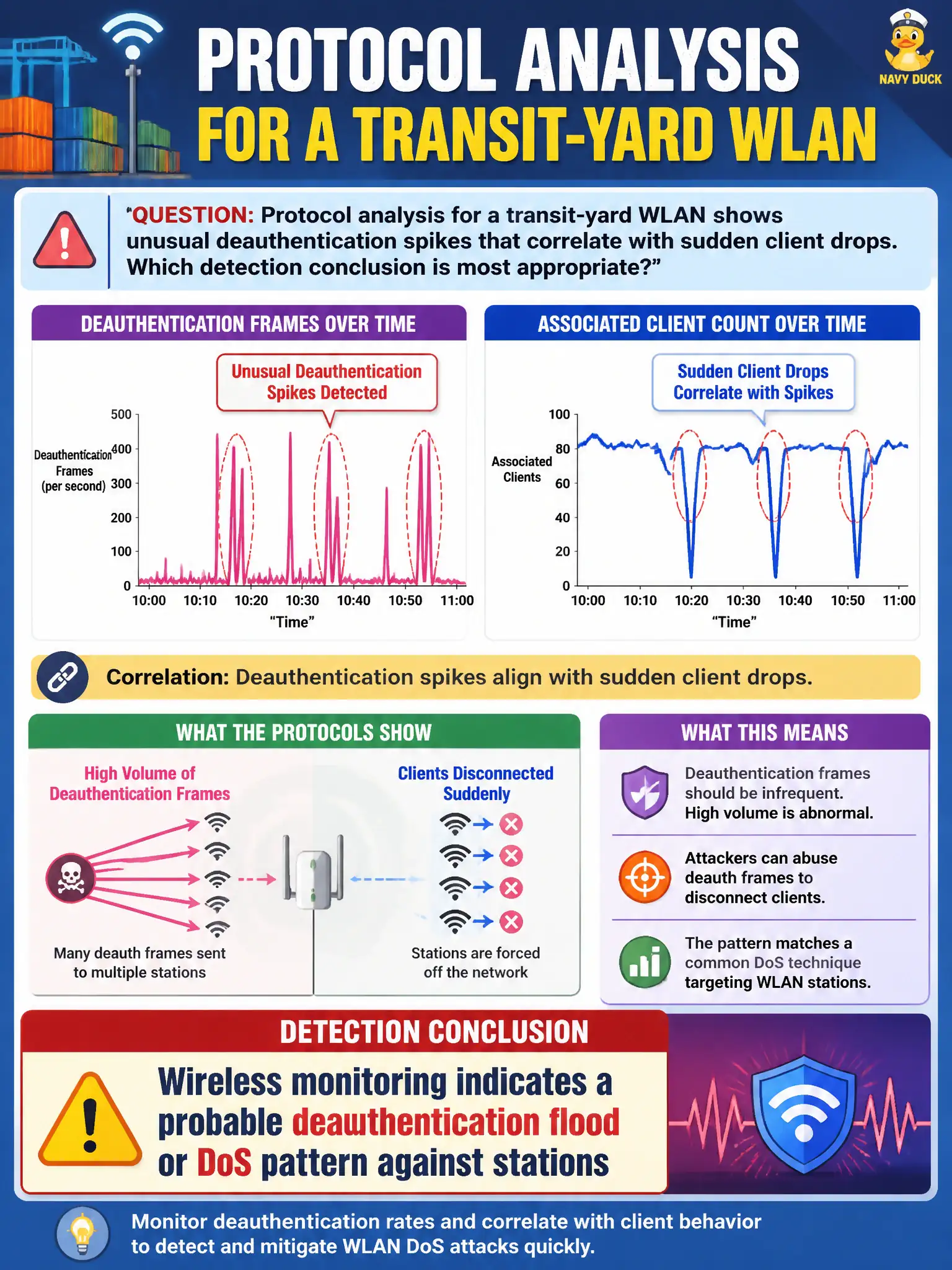 To Create an exciting colorful infographic that explains the concepts in the question: Question: Protocol analysis for a transit-yard WLAN shows unusual deauthentication spikes that correlate with sudden client drops. Which detection conclusion is most appropriate? Correct Answer: Wireless monitoring indicates a probable deauthentication flood or DoS pattern against stations Put EVERY visible label in double quotes. No people. No A/B/C/D letters. In one of the four corners put a little "Navy Duck".