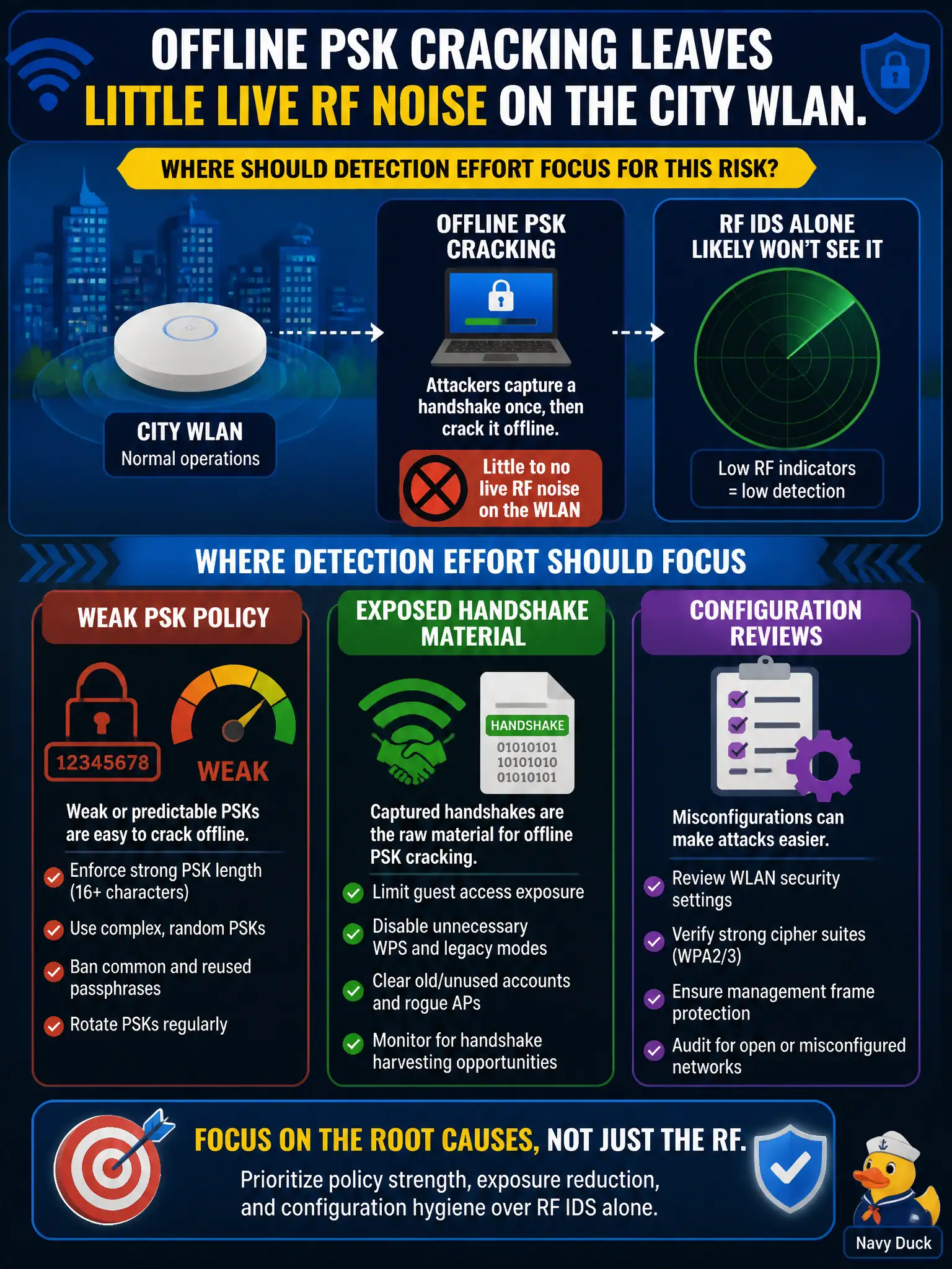 To Create an exciting colorful infographic that explains the concepts in the question: Question: Security reviewers note that offline PSK cracking leaves little live RF noise on the city WLAN. Where should detection effort focus for this risk? Correct Answer: On weak PSK policy, exposed handshake material, and configuration reviews rather than RF IDS alone Put EVERY visible label in double quotes. No people. No A/B/C/D letters. In one of the four corners put a little "Navy Duck".