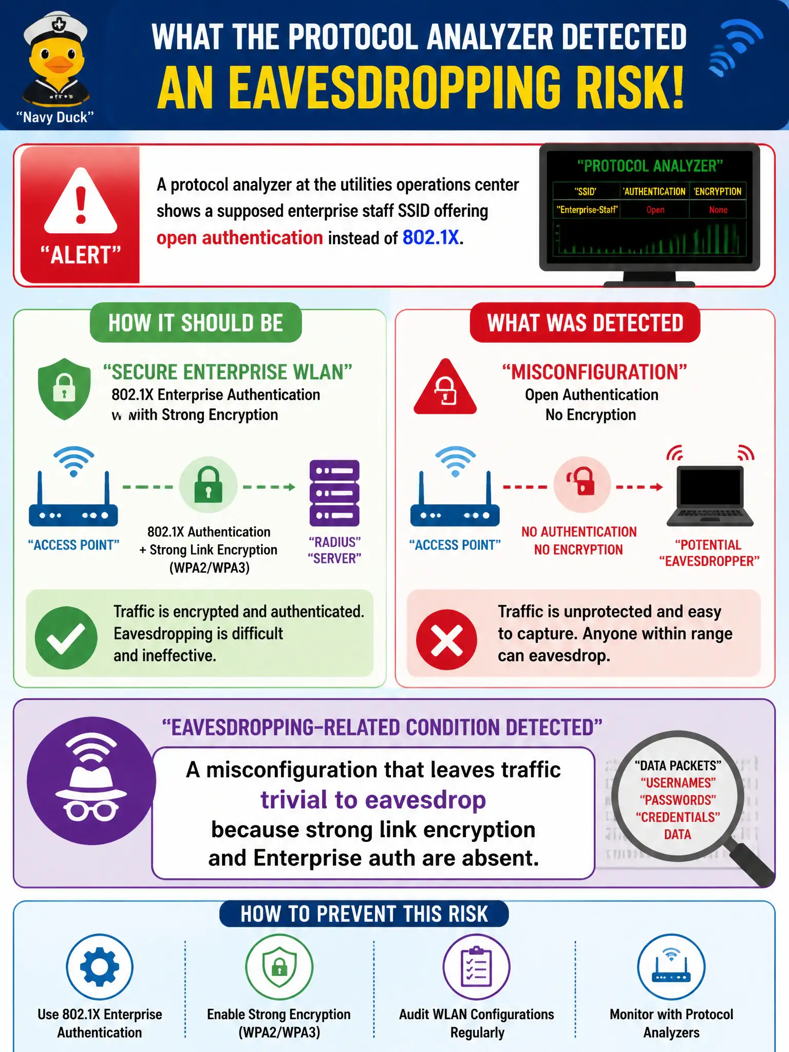 To Create an exciting colorful infographic that explains the concepts in the question: Question: A protocol analyzer at the utilities operations center shows a supposed enterprise staff SSID offering open authentication instead of 802.1X. What eavesdropping-related condition has been detected? Correct Answer: A misconfiguration that leaves traffic trivial to eavesdrop because strong link encryption and Enterprise auth are absent Put EVERY visible label in double quotes. No people. No A/B/C/D letters. In one of the four corners put a little "Navy Duck".