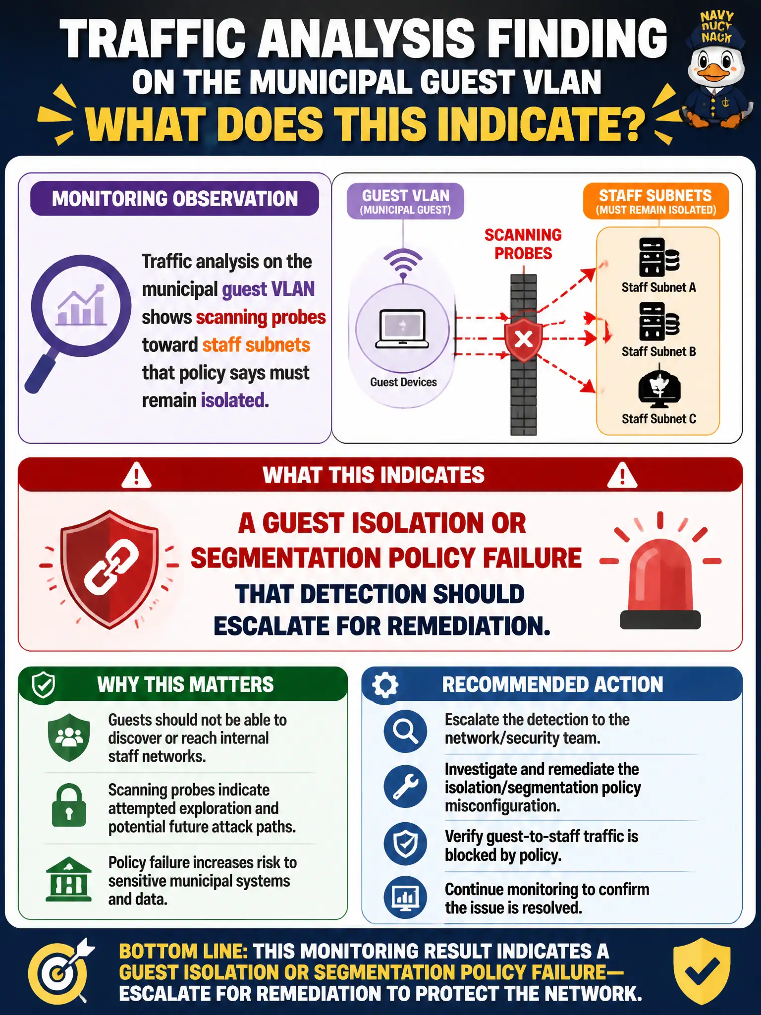 To Create an exciting colorful infographic that explains the concepts in the question: Question: Traffic analysis on the municipal guest VLAN shows scanning probes toward staff subnets that policy says must remain isolated. What does this monitoring result indicate? Correct Answer: A guest isolation or segmentation policy failure that detection should escalate for remediation Put EVERY visible label in double quotes. No people. No A/B/C/D letters. In one of the four corners put a little "Navy Duck".