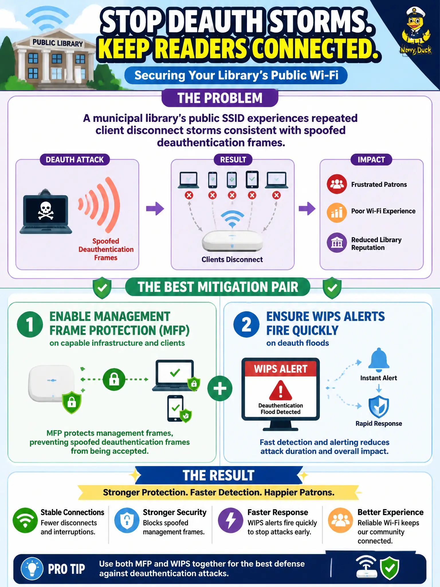 To Create an exciting colorful infographic that explains the concepts in the question: Question: A municipal library’s public SSID experiences repeated client disconnect storms consistent with spoofed deauthentication frames. Which mitigation pair best reduces impact? Correct Answer: Enable management frame protection on capable infrastructure and clients, and ensure WIPS alerts fire quickly on deauth floods Put EVERY visible label in double quotes. No people. No A/B/C/D letters. In one of the four corners put a little "Navy Duck".