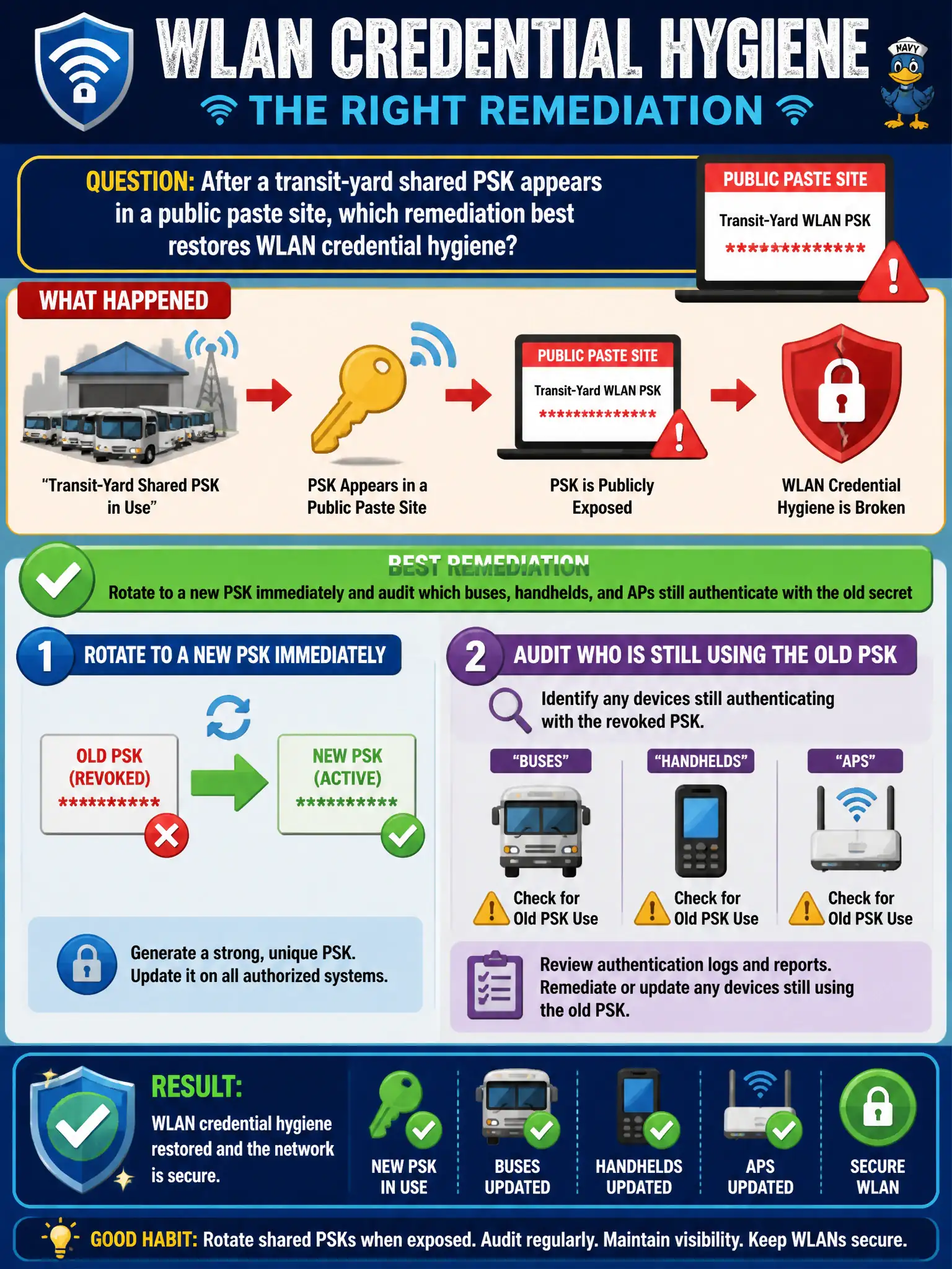 To Create an exciting colorful infographic that explains the concepts in the question: Question: After a transit-yard shared PSK appears in a public paste site, which remediation best restores WLAN credential hygiene? Correct Answer: Rotate to a new PSK immediately and audit which buses, handhelds, and APs still authenticate with the old secret Put EVERY visible label in double quotes. No people. No A/B/C/D letters. In one of the four corners put a little "Navy Duck".