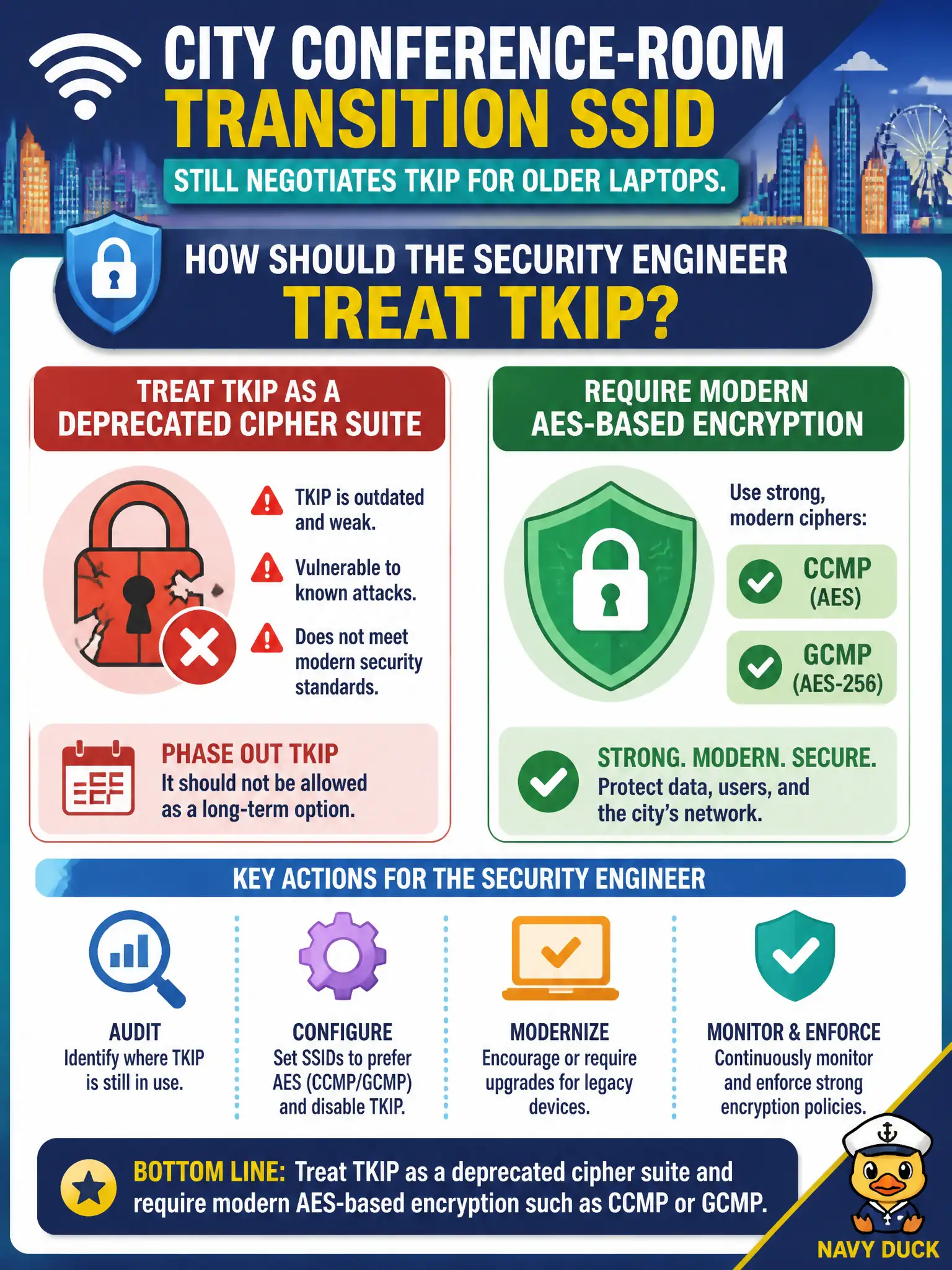 To Create an exciting colorful infographic that explains the concepts in the question: Question: A city conference-room transition SSID still negotiates TKIP for older laptops. How should the security engineer treat TKIP? Correct Answer: Treat TKIP as a deprecated cipher suite and require modern AES-based encryption such as CCMP or GCMP Put EVERY visible label in double quotes. No people. No A/B/C/D letters. In one of the four corners put a little "Navy Duck".