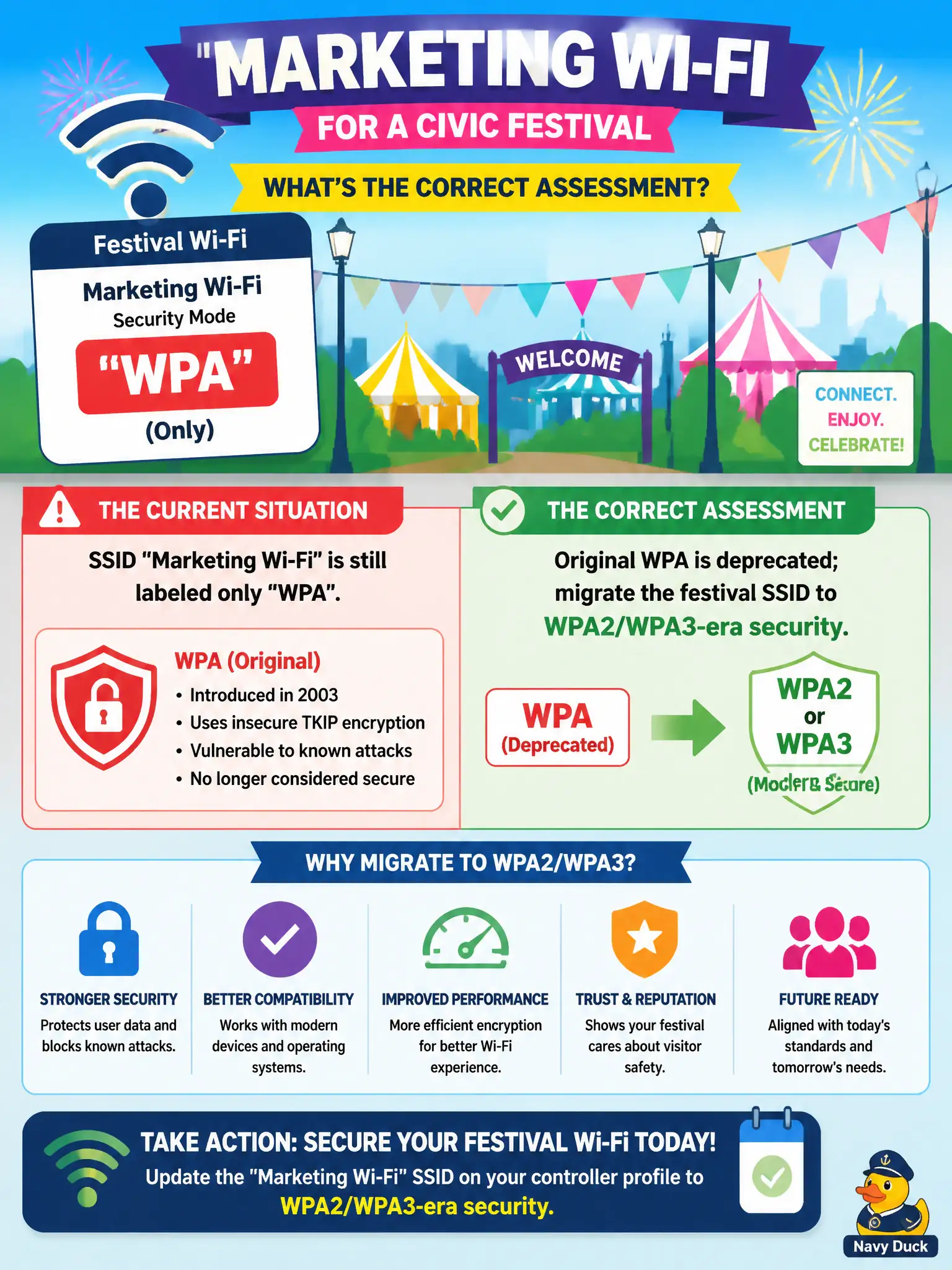 To Create an exciting colorful infographic that explains the concepts in the question: Question: Marketing Wi-Fi for a civic festival is still labeled only 'WPA' on the controller profile, not WPA2 or WPA3. What is the correct assessment? Correct Answer: Original WPA is deprecated; migrate the festival SSID to WPA2/WPA3-era security Put EVERY visible label in double quotes. No people. No A/B/C/D letters. In one of the four corners put a little "Navy Duck".