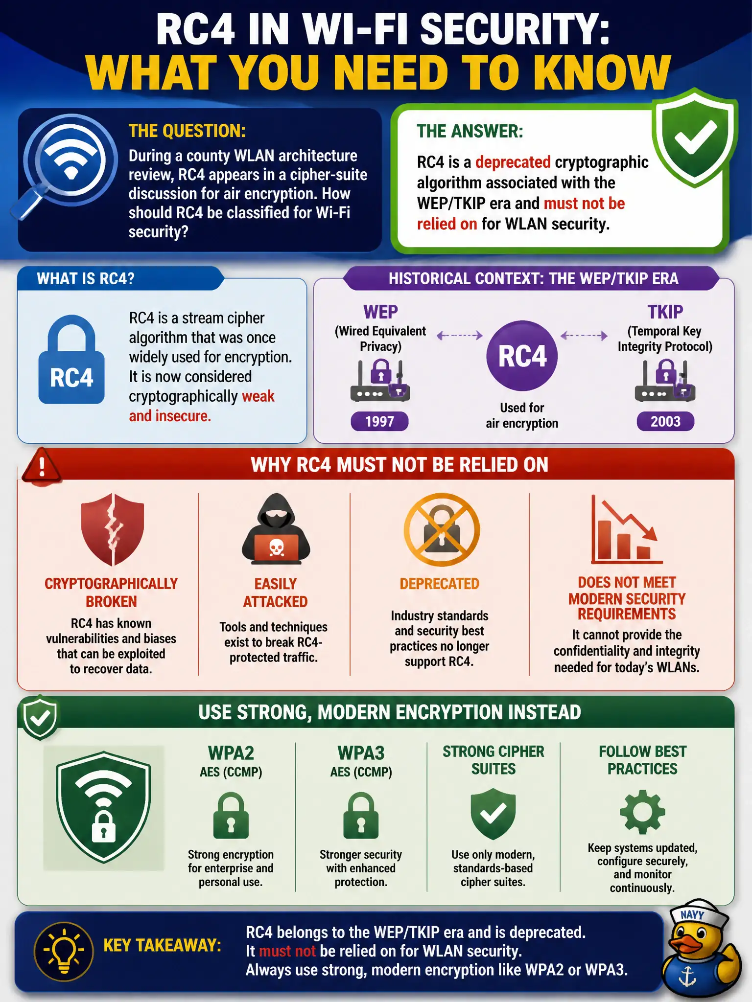 To Create an exciting colorful infographic that explains the concepts in the question: Question: During a county WLAN architecture review, RC4 appears in a cipher-suite discussion for air encryption. How should RC4 be classified for Wi-Fi security? Correct Answer: RC4 is a deprecated cryptographic algorithm associated with the WEP/TKIP era and must not be relied on for WLAN security Put EVERY visible label in double quotes. No people. No A/B/C/D letters. In one of the four corners put a little "Navy Duck".