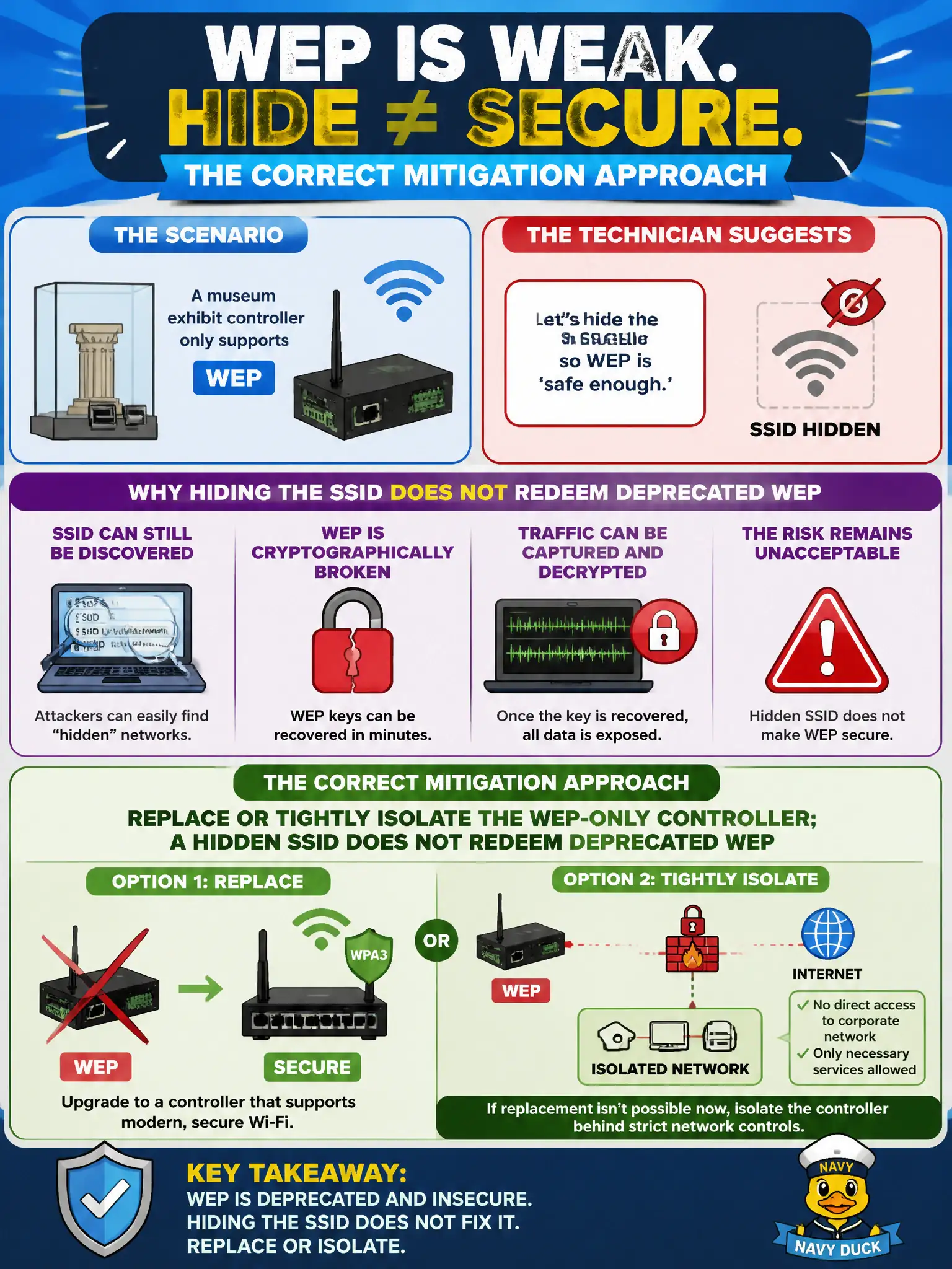 To Create an exciting colorful infographic that explains the concepts in the question: Question: A museum exhibit controller only supports WEP. A technician suggests hiding the SSID so WEP is 'safe enough.' What is the correct mitigation approach? Correct Answer: Replace or tightly isolate the WEP-only controller; a hidden SSID does not redeem deprecated WEP Put EVERY visible label in double quotes. No people. No A/B/C/D letters. In one of the four corners put a little "Navy Duck".