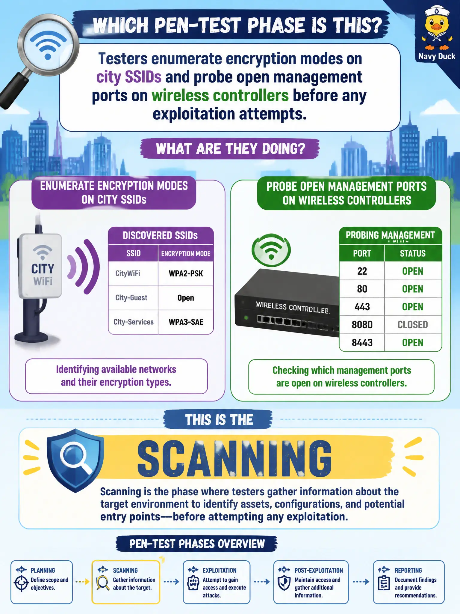 To Create an exciting colorful infographic that explains the concepts in the question: Question: Testers enumerate encryption modes on city SSIDs and probe open management ports on wireless controllers before any exploitation attempts. Which pen-test phase is this? Correct Answer: Scanning Put EVERY visible label in double quotes. No people. No A/B/C/D letters. In one of the four corners put a little "Navy Duck".