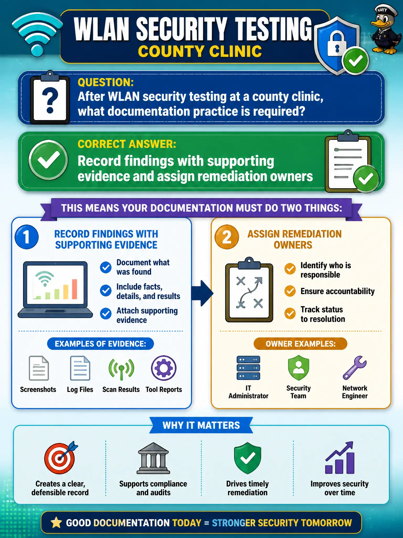 To Create an exciting colorful infographic that explains the concepts in the question: Question: After WLAN security testing at a county clinic, what documentation practice is required? Correct Answer: Record findings with supporting evidence and assign remediation owners Put EVERY visible label in double quotes. No people. No A/B/C/D letters. In one of the four corners put a little "Navy Duck".