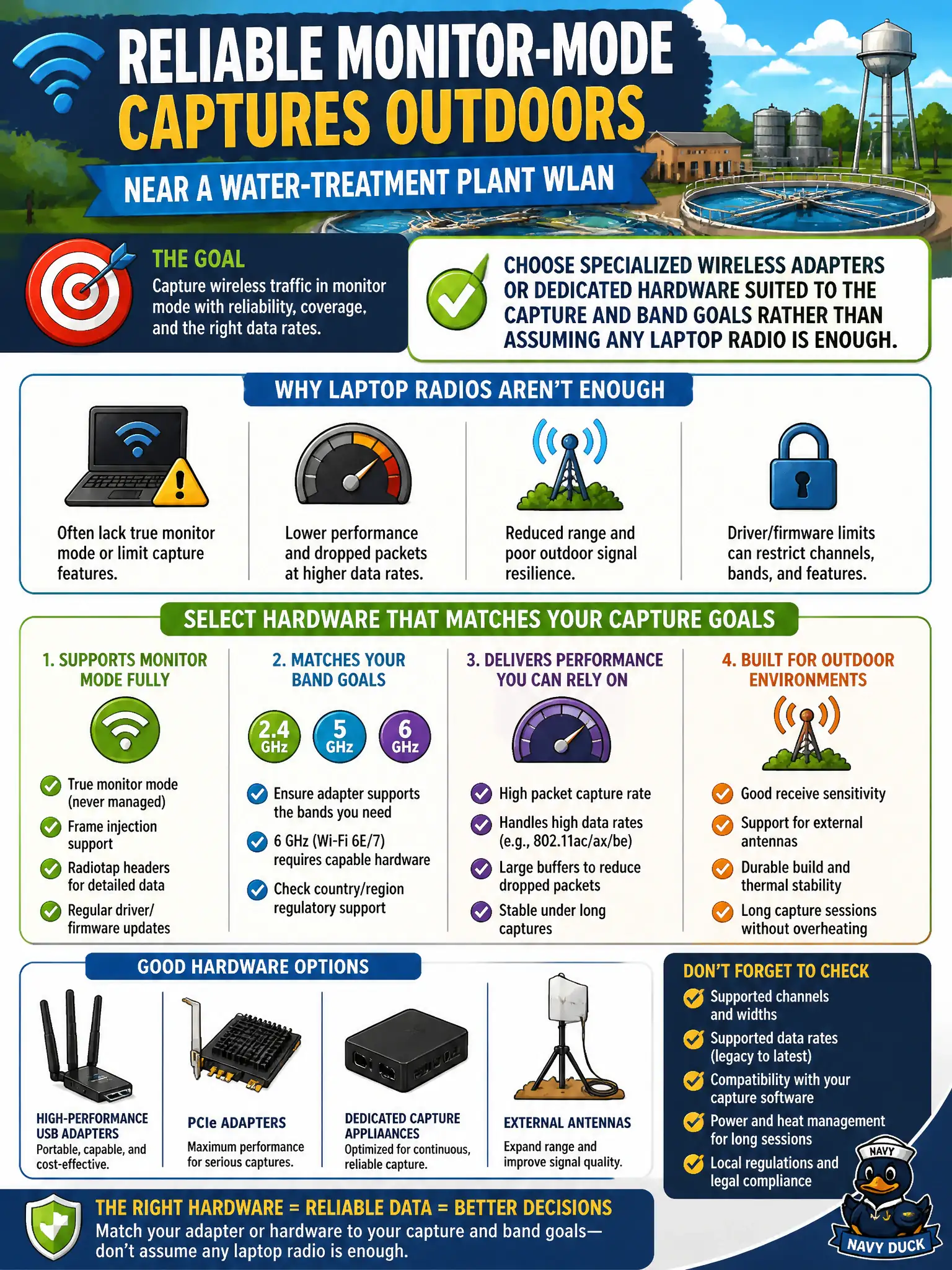 To Create an exciting colorful infographic that explains the concepts in the question: Question: A county tester needs reliable monitor-mode captures outdoors near a water-treatment plant WLAN. How should hardware be selected? Correct Answer: Choose specialized wireless adapters or dedicated hardware suited to the capture and band goals rather than assuming any laptop radio is enough Put EVERY visible label in double quotes. No people. No A/B/C/D letters. In one of the four corners put a little "Navy Duck".