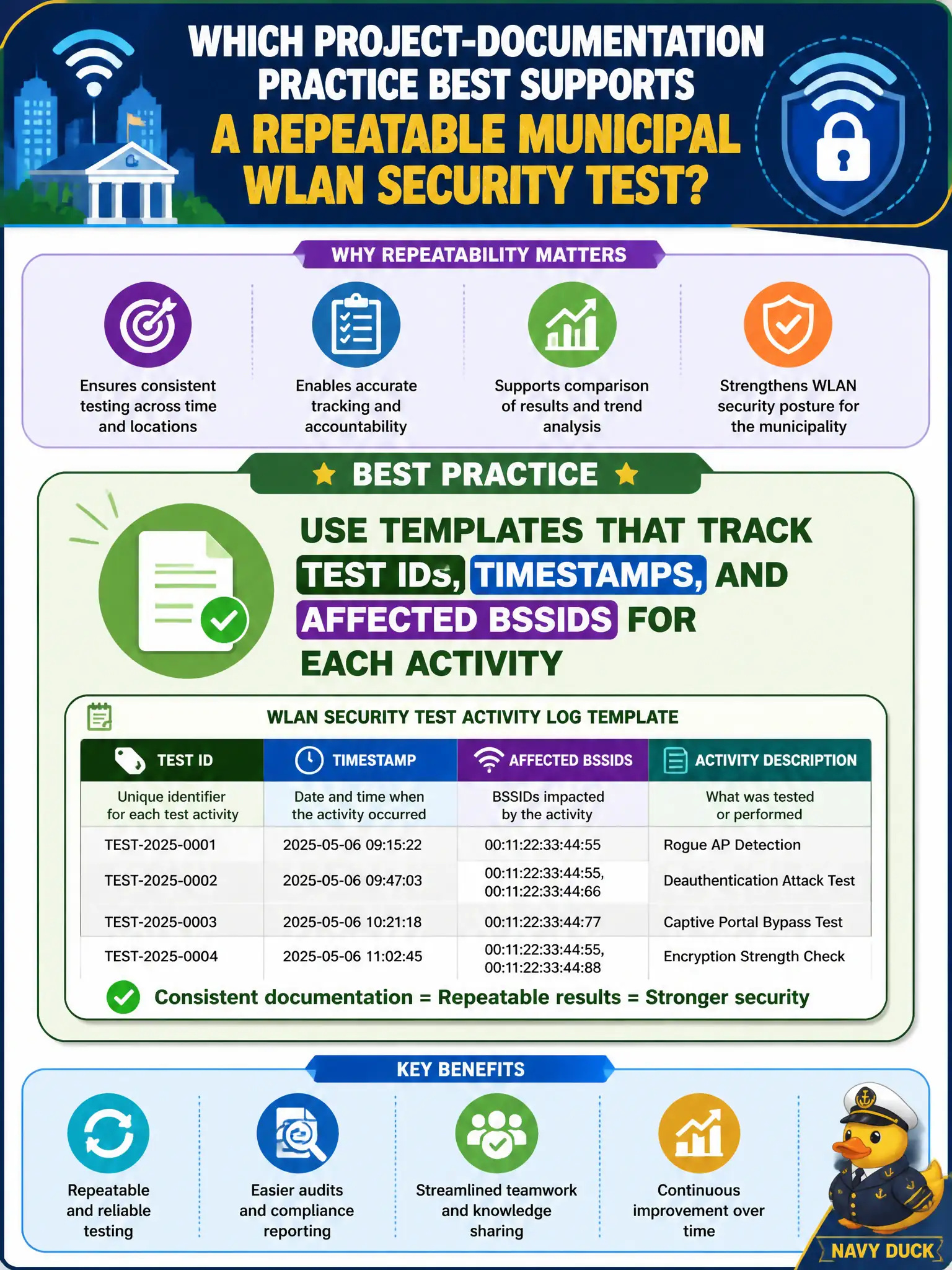 To Create an exciting colorful infographic that explains the concepts in the question: Question: Which project-documentation practice best supports a repeatable municipal WLAN security test? Correct Answer: Use templates that track test IDs, timestamps, and affected BSSIDs for each activity Put EVERY visible label in double quotes. No people. No A/B/C/D letters. In one of the four corners put a little "Navy Duck".
