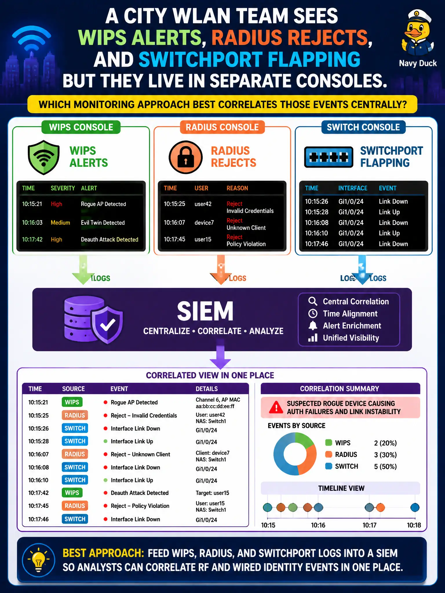 To Create an exciting colorful infographic that explains the concepts in the question: Question: A city WLAN team sees WIPS alerts, RADIUS rejects, and switchport flapping but they live in separate consoles. Which monitoring approach best correlates those events centrally? Correct Answer: Feed WIPS, RADIUS, and switchport logs into a SIEM so analysts can correlate RF and wired identity events in one place. Put EVERY visible label in double quotes. No people. No A/B/C/D letters. In one of the four corners put a little "Navy Duck".