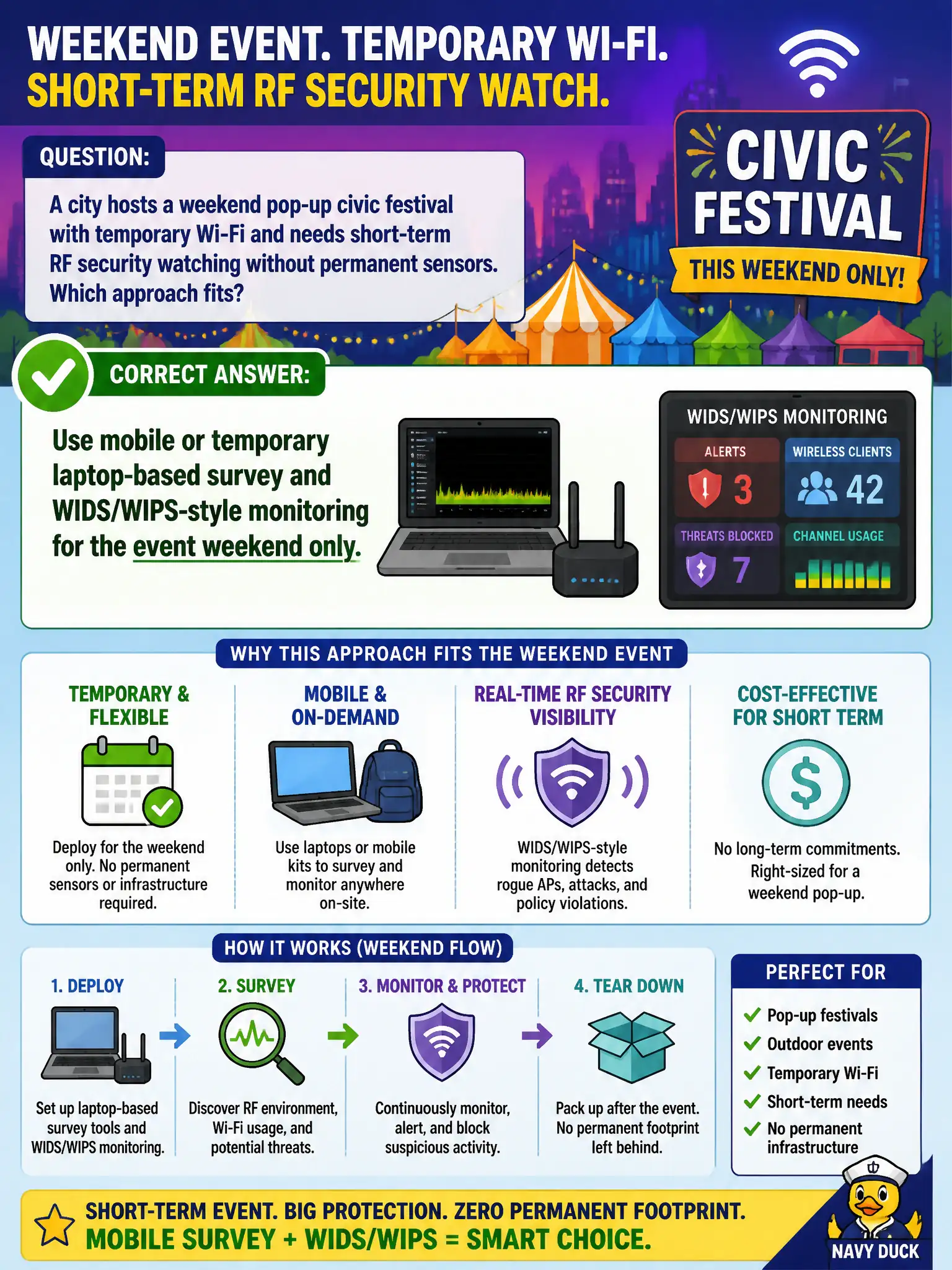 To Create an exciting colorful infographic that explains the concepts in the question: Question: A city hosts a weekend pop-up civic festival with temporary Wi-Fi and needs short-term RF security watching without permanent sensors. Which approach fits? Correct Answer: Use mobile or temporary laptop-based survey and WIDS/WIPS-style monitoring for the event weekend only. Put EVERY visible label in double quotes. No people. No A/B/C/D letters. In one of the four corners put a little "Navy Duck".