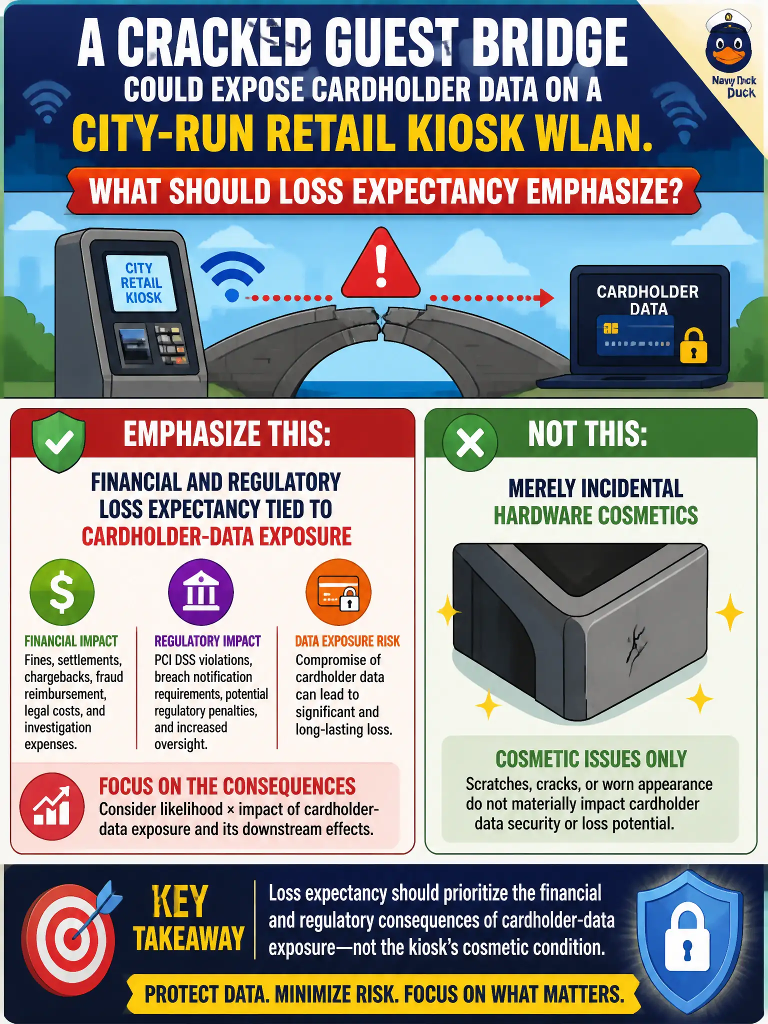To Create an exciting colorful infographic that explains the concepts in the question: Question: A cracked guest bridge could expose cardholder data on a city-run retail kiosk WLAN. What should loss expectancy emphasize? Correct Answer: Financial and regulatory loss expectancy tied to cardholder-data exposure, not merely incidental hardware cosmetics. Put EVERY visible label in double quotes. No people. No A/B/C/D letters. In one of the four corners put a little "Navy Duck".