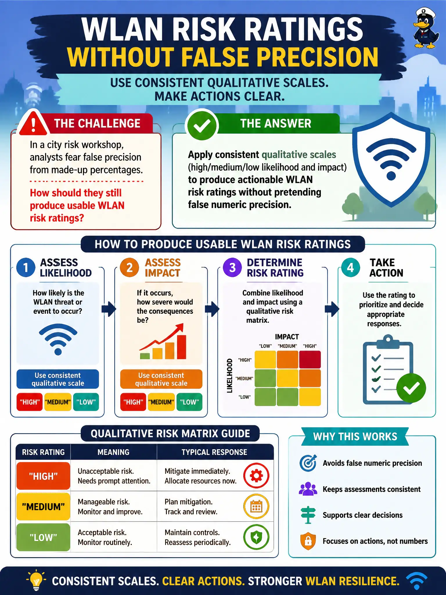 To Create an exciting colorful infographic that explains the concepts in the question: Question: In a city risk workshop, analysts fear false precision from made-up percentages. How should they still produce usable WLAN risk ratings? Correct Answer: Apply consistent qualitative scales (for example high/medium/low likelihood and impact) to produce actionable WLAN risk ratings without pretending false numeric precision. Put EVERY visible label in double quotes. No people. No A/B/C/D letters. In one of the four corners put a little "Navy Duck".