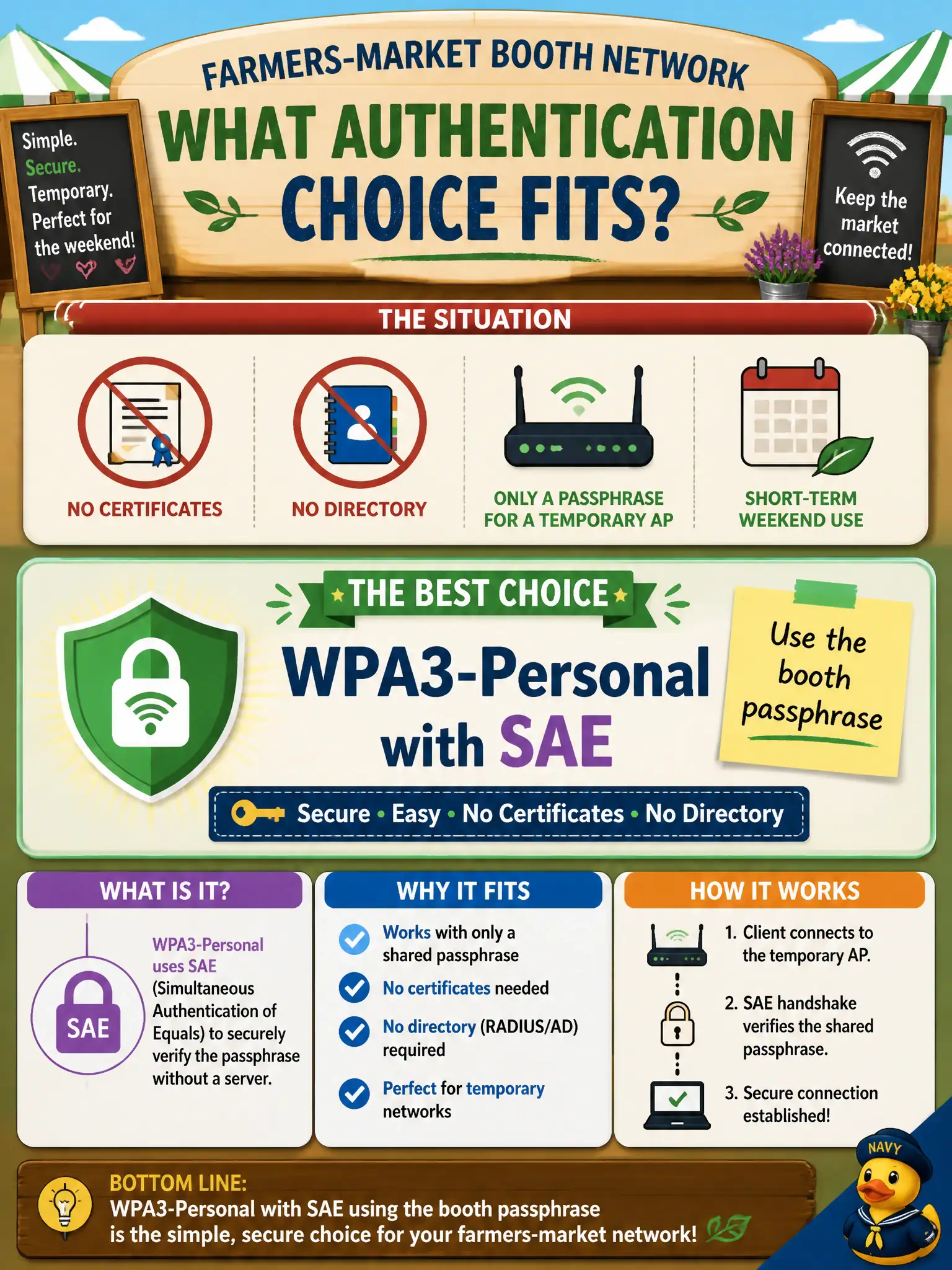 To Create an exciting colorful infographic that explains the concepts in the question: Question: A weekend farmers-market booth network has no certificates, no directory, and only a passphrase for a temporary AP. Which authentication choice fits? Correct Answer: WPA3-Personal with SAE using the booth passphrase Put EVERY visible label in double quotes. No people. No A/B/C/D letters. In one of the four corners put a little "Navy Duck".