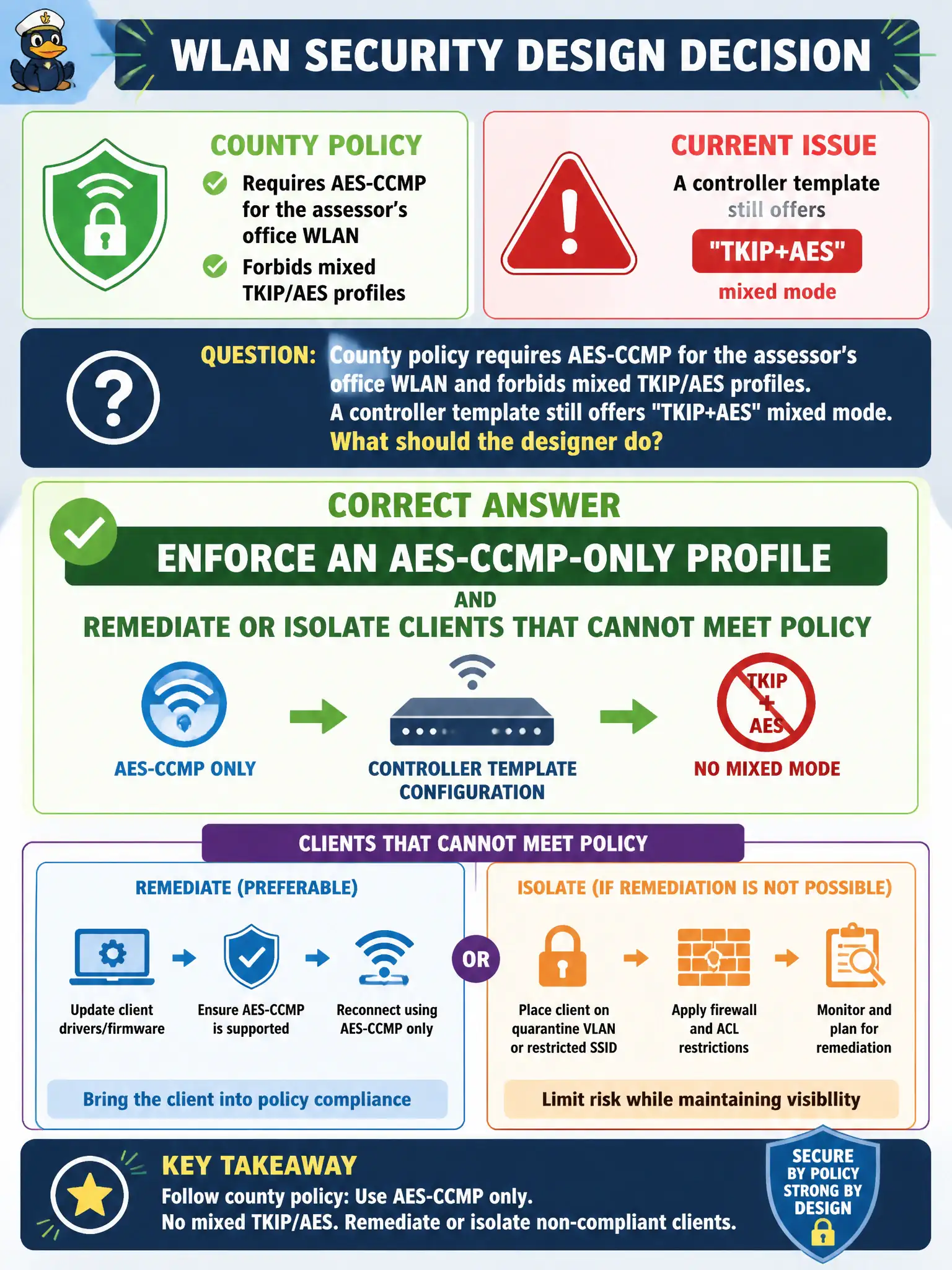 To Create an exciting colorful infographic that explains the concepts in the question: Question: County policy requires AES-CCMP for the assessor’s office WLAN and forbids mixed TKIP/AES profiles. A controller template still offers “TKIP+AES” mixed mode. What should the designer do? Correct Answer: Enforce an AES-CCMP-only profile and remediate or isolate clients that cannot meet policy Put EVERY visible label in double quotes. No people. No A/B/C/D letters. In one of the four corners put a little "Navy Duck".