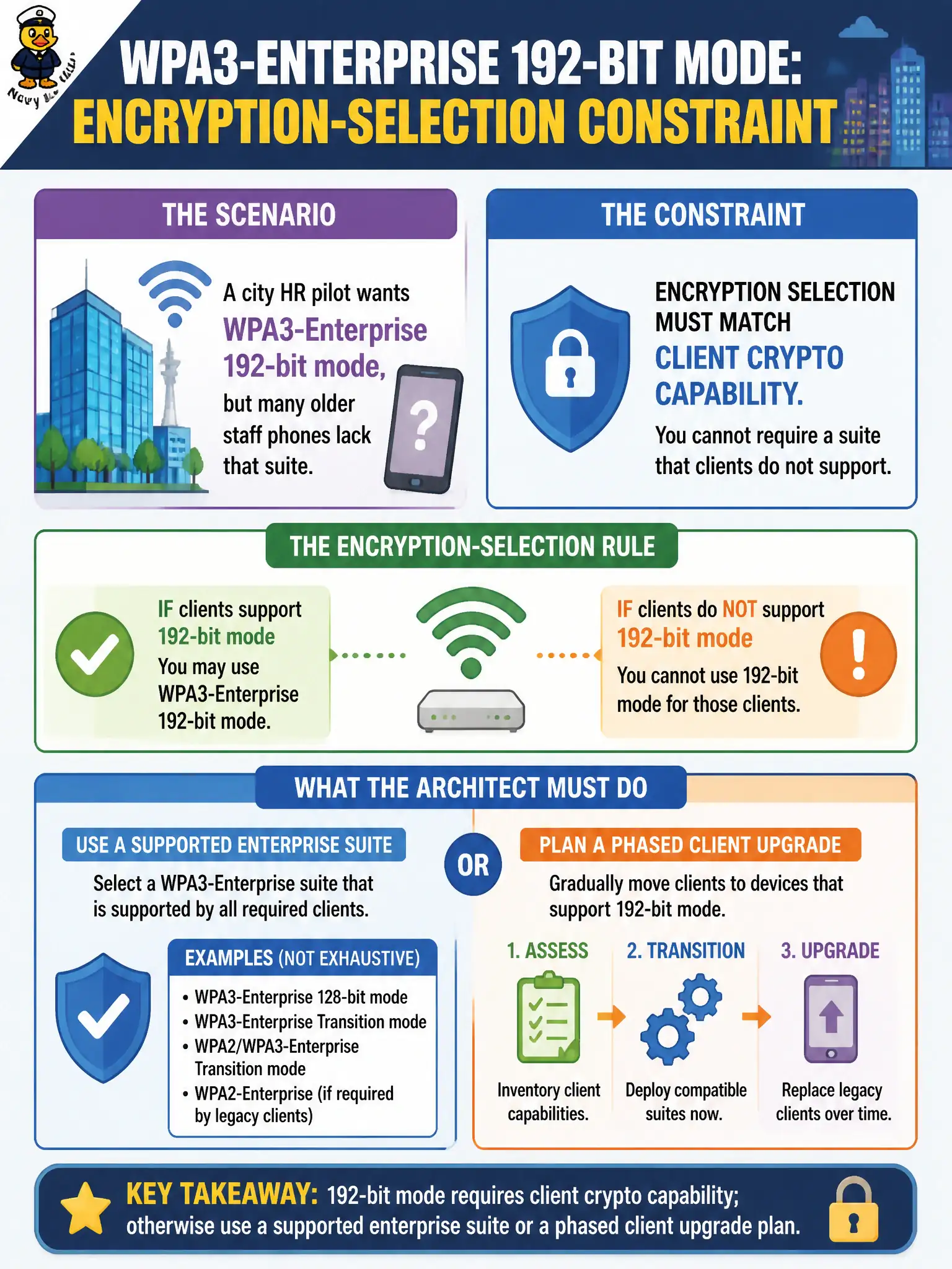 To Create an exciting colorful infographic that explains the concepts in the question: Question: A city HR pilot wants WPA3-Enterprise 192-bit mode, but many older staff phones lack that suite. What encryption-selection constraint must the architect respect? Correct Answer: 192-bit mode requires client crypto capability; otherwise use a supported enterprise suite or a phased client upgrade plan Put EVERY visible label in double quotes. No people. No A/B/C/D letters. In one of the four corners put a little "Navy Duck".