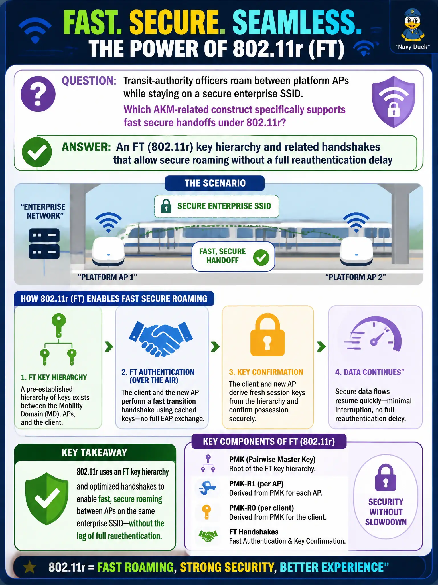 To Create an exciting colorful infographic that explains the concepts in the question: Question: Transit-authority officers roam between platform APs while staying on a secure enterprise SSID. Which AKM-related construct specifically supports fast secure handoffs under 802.11r? Correct Answer: An FT (802.11r) key hierarchy and related handshakes that allow secure roaming without a full reauthentication delay Put EVERY visible label in double quotes. No people. No A/B/C/D letters. In one of the four corners put a little "Navy Duck".