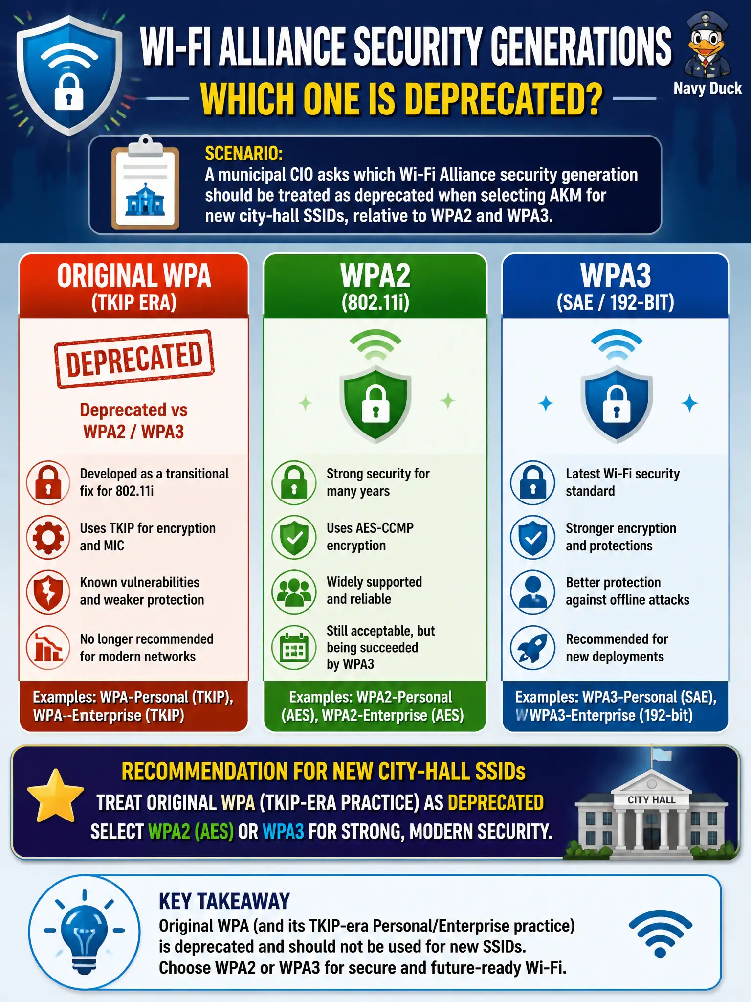 To Create an exciting colorful infographic that explains the concepts in the question: Question: A municipal CIO asks which Wi-Fi Alliance security generation should be treated as deprecated when selecting AKM for new city-hall SSIDs, relative to WPA2 and WPA3. Correct Answer: Original WPA (and its TKIP-era Personal/Enterprise practice), which is deprecated versus WPA2/WPA3 selections Put EVERY visible label in double quotes. No people. No A/B/C/D letters. In one of the four corners put a little "Navy Duck".