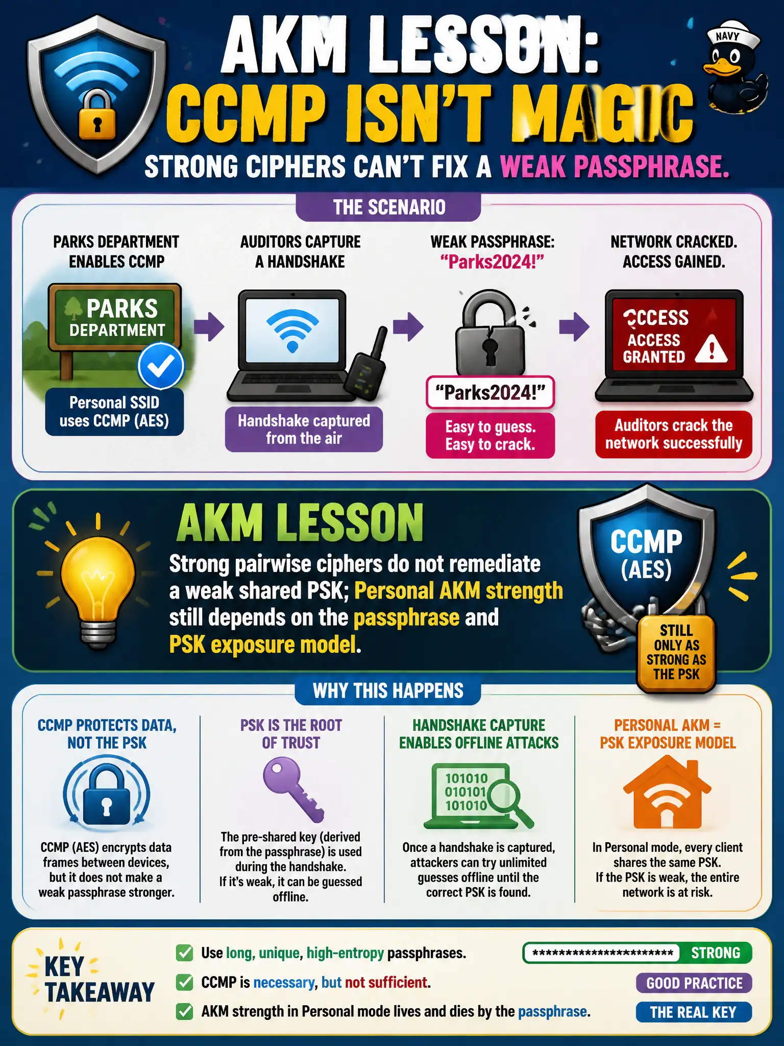 To Create an exciting colorful infographic that explains the concepts in the question: Question: A parks department insists CCMP is enabled on their Personal SSID, yet auditors still crack the network after capturing a handshake because the passphrase is “Parks2024!”. What AKM lesson should the security lead draw? Correct Answer: Strong pairwise ciphers do not remediate a weak shared PSK; Personal AKM strength still depends on the passphrase and PSK exposure model Put EVERY visible label in double quotes. No people. No A/B/C/D letters. In one of the four corners put a little "Navy Duck".