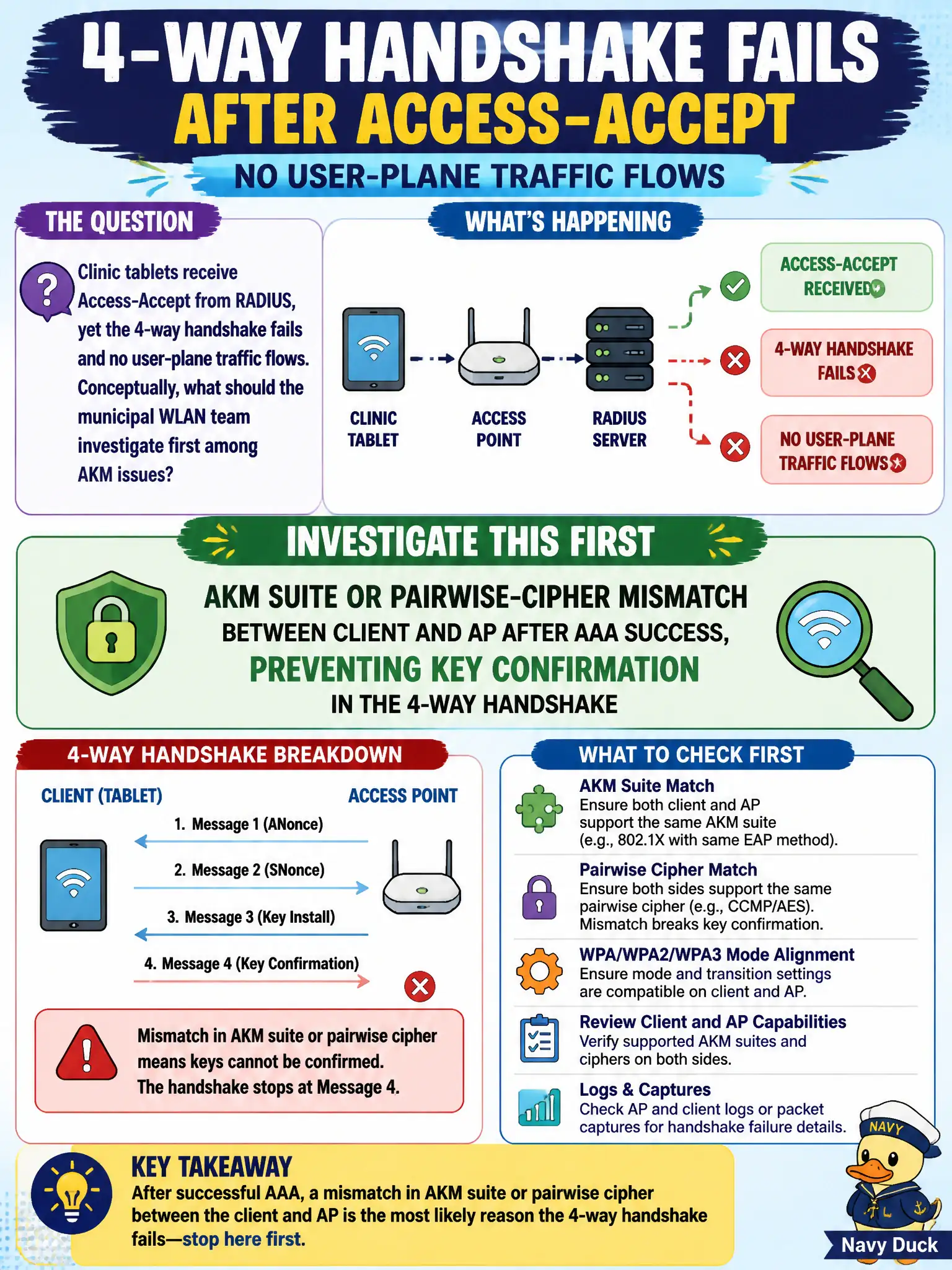 To Create an exciting colorful infographic that explains the concepts in the question: Question: Clinic tablets receive Access-Accept from RADIUS, yet the 4-way handshake fails and no user-plane traffic flows. Conceptually, what should the municipal WLAN team investigate first among AKM issues? Correct Answer: AKM suite or pairwise-cipher mismatch between client and AP after AAA success, preventing key confirmation in the 4-way handshake Put EVERY visible label in double quotes. No people. No A/B/C/D letters. In one of the four corners put a little "Navy Duck".