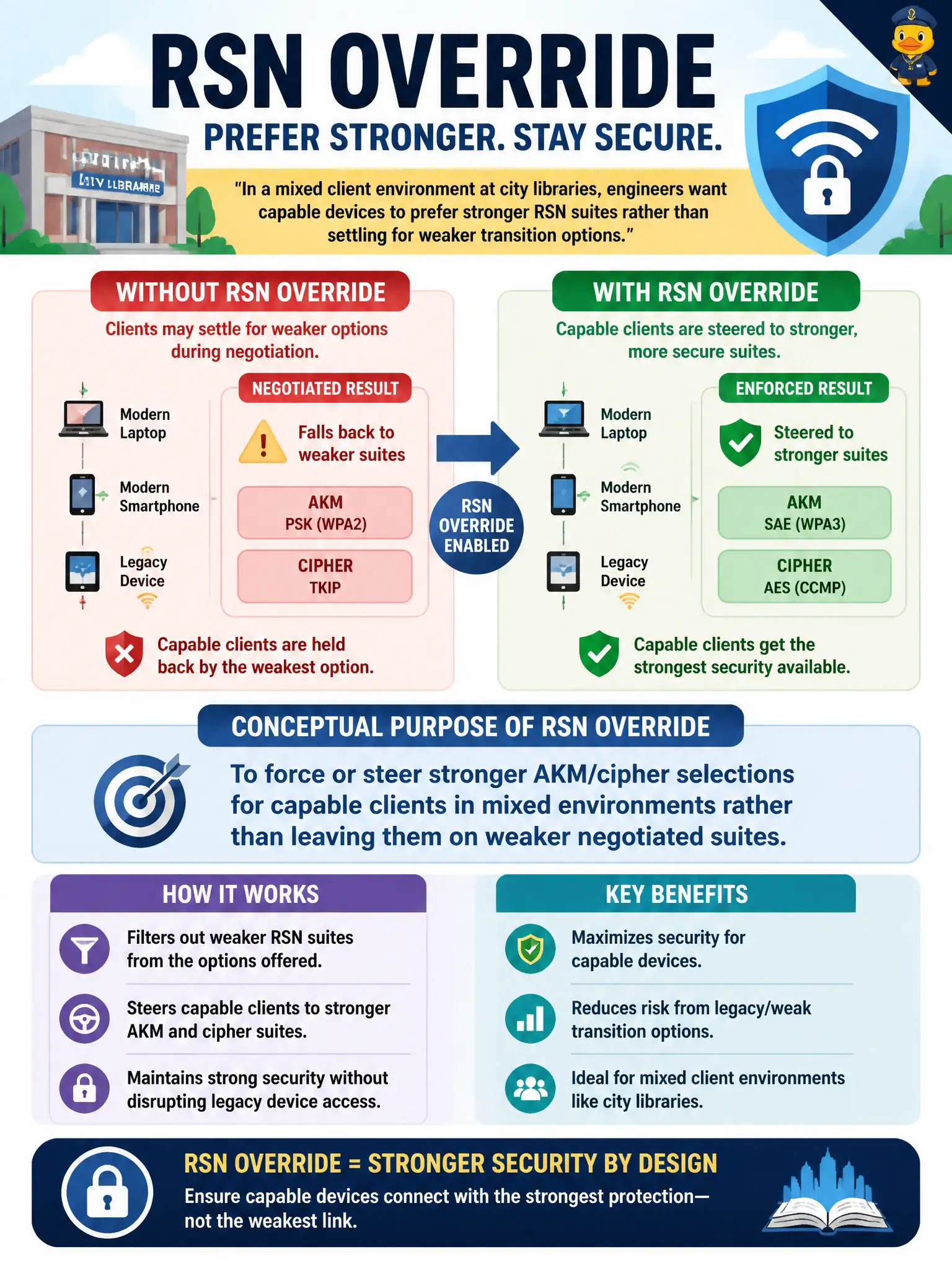To Create an exciting colorful infographic that explains the concepts in the question: Question: In a mixed client environment at city libraries, engineers want capable devices to prefer stronger RSN suites rather than settling for weaker transition options. What is the conceptual purpose of RSN Override in that design? Correct Answer: To force or steer stronger AKM/cipher selections for capable clients in mixed environments rather than leaving them on weaker negotiated suites Put EVERY visible label in double quotes. No people. No A/B/C/D letters. In one of the four corners put a little "Navy Duck".