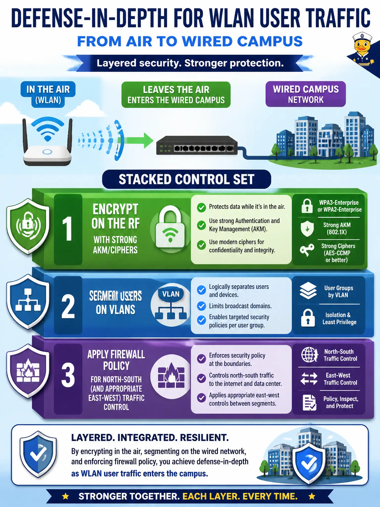 To Create an exciting colorful infographic that explains the concepts in the question: Question: A municipal security architect describes defense-in-depth for WLAN user traffic as it leaves the air and enters the wired campus. Which stacked control set best matches that layered approach? Correct Answer: Encrypt on the RF with strong AKM/ciphers, segment users on VLANs, and apply firewall policy for north-south (and appropriate east-west) traffic control Put EVERY visible label in double quotes. No people. No A/B/C/D letters. In one of the four corners put a little "Navy Duck".