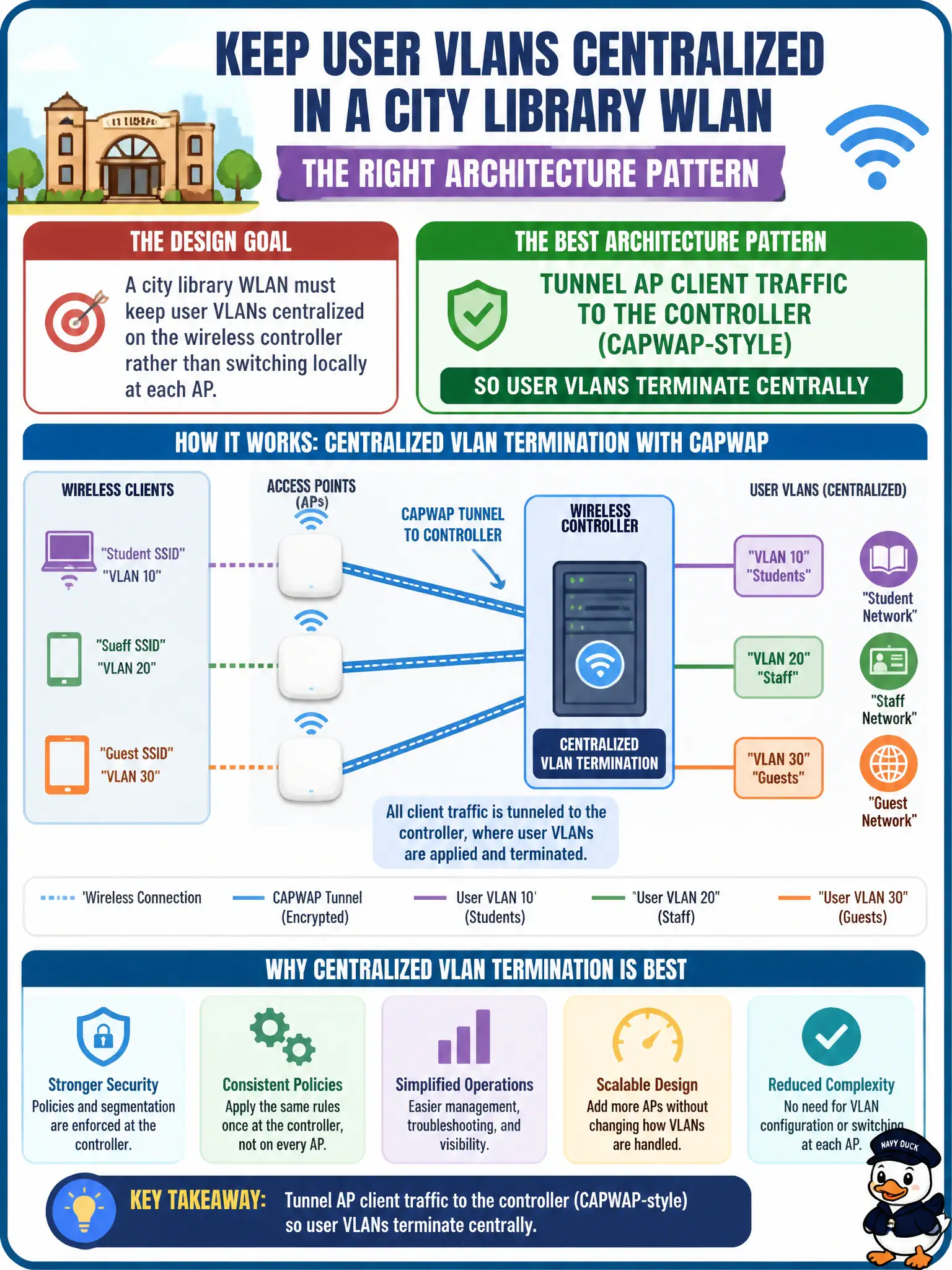 To Create an exciting colorful infographic that explains the concepts in the question: Question: A city library WLAN must keep user VLANs centralized on the wireless controller rather than switching locally at each AP. Which architecture pattern best meets that design goal? Correct Answer: Tunnel AP client traffic to the controller (CAPWAP-style) so user VLANs terminate centrally Put EVERY visible label in double quotes. No people. No A/B/C/D letters. In one of the four corners put a little "Navy Duck".