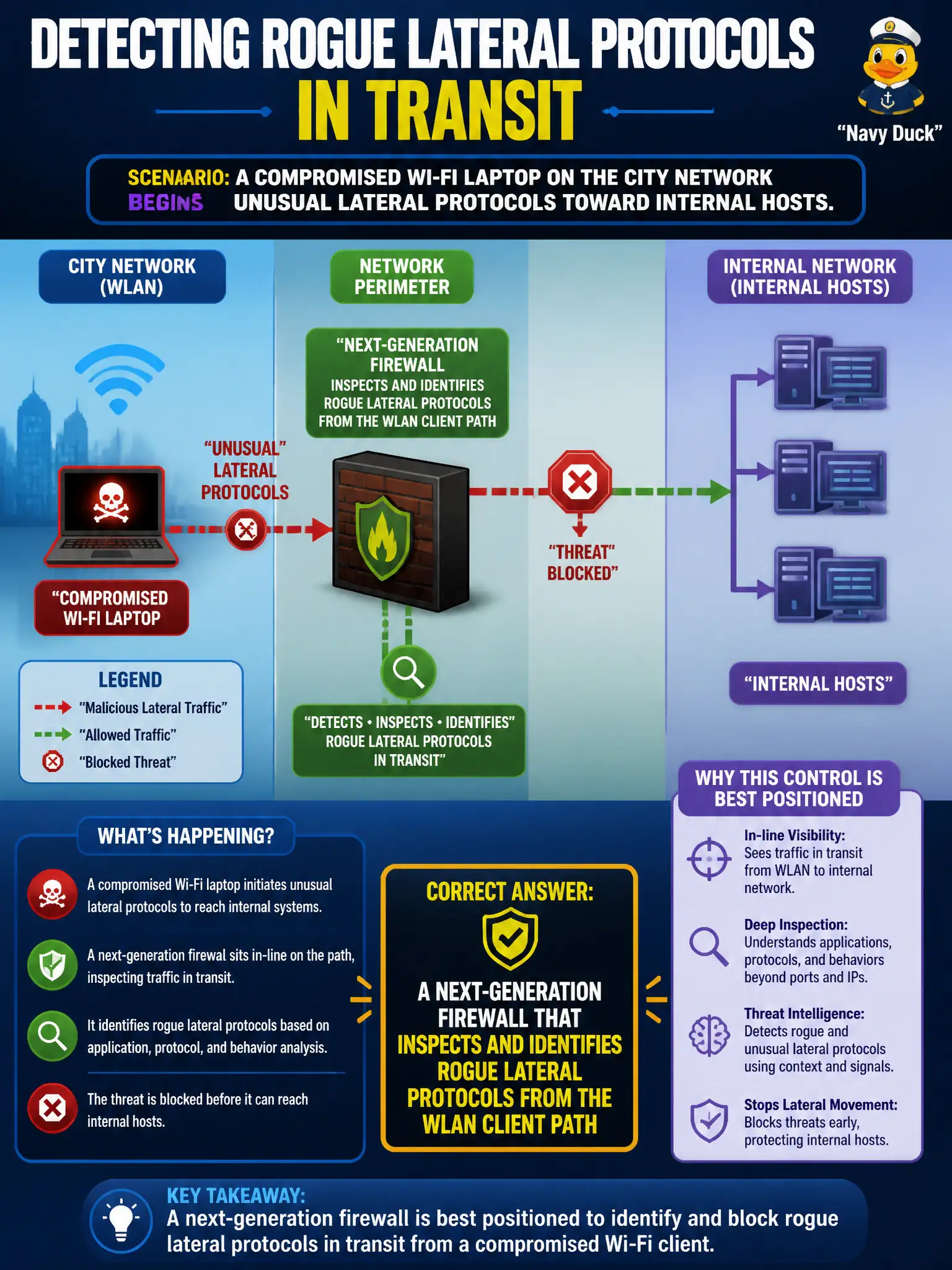 To Create an exciting colorful infographic that explains the concepts in the question: Question: A compromised Wi-Fi laptop on the city network begins unusual lateral protocols toward internal hosts. Which control is best positioned to identify that behavior in transit? Correct Answer: A next-generation firewall that inspects and identifies rogue lateral protocols from the WLAN client path Put EVERY visible label in double quotes. No people. No A/B/C/D letters. In one of the four corners put a little "Navy Duck".