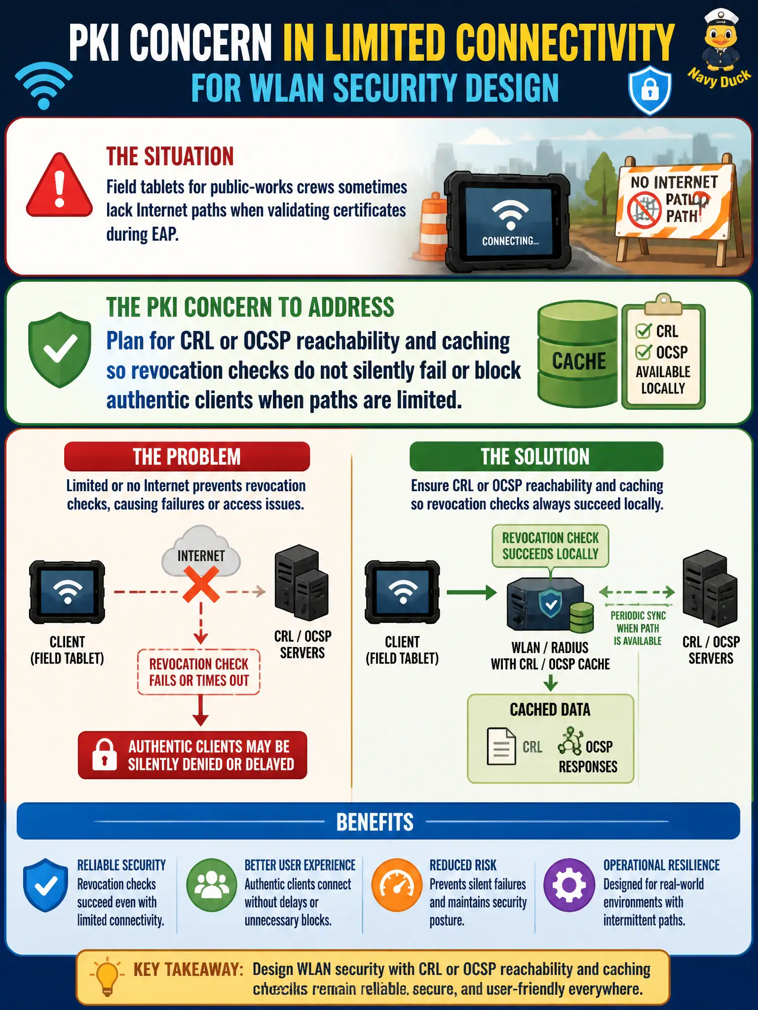 To Create an exciting colorful infographic that explains the concepts in the question: Question: Field tablets for public-works crews sometimes lack Internet paths when validating certificates during EAP. What PKI concern should the WLAN security design address? Correct Answer: Plan for CRL or OCSP reachability and caching so revocation checks do not silently fail or block authentic clients when paths are limited Put EVERY visible label in double quotes. No people. No A/B/C/D letters. In one of the four corners put a little "Navy Duck".
