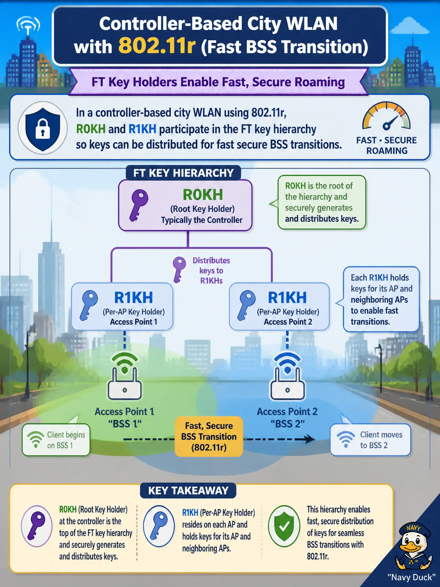To Create an exciting colorful infographic that explains the concepts in the question: Question: In a controller-based city WLAN using 802.11r, what conceptual roles do FT key holders play? Correct Answer: R0KH and R1KH participate in the FT key hierarchy so keys can be distributed for fast secure BSS transitions Put EVERY visible label in double quotes. No people. No A/B/C/D letters. In one of the four corners put a little "Navy Duck".