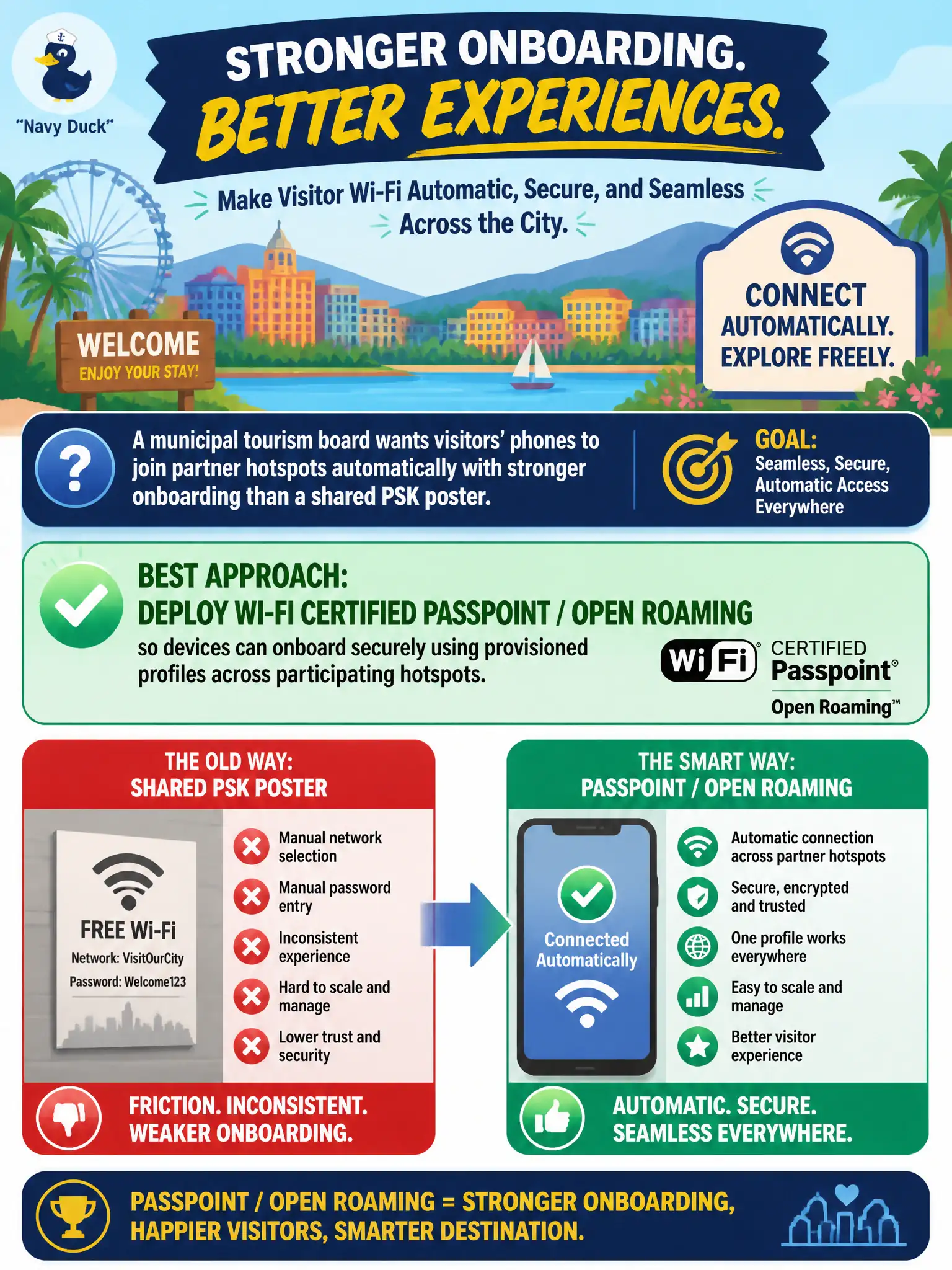 To Create an exciting colorful infographic that explains the concepts in the question: Question: A municipal tourism board wants visitors’ phones to join partner hotspots automatically with stronger onboarding than a shared PSK poster. Which approach best matches that goal? Correct Answer: Deploy Wi-Fi Certified Passpoint / Open Roaming so devices can onboard securely using provisioned profiles across participating hotspots. Put EVERY visible label in double quotes. No people. No A/B/C/D letters. In one of the four corners put a little "Navy Duck".