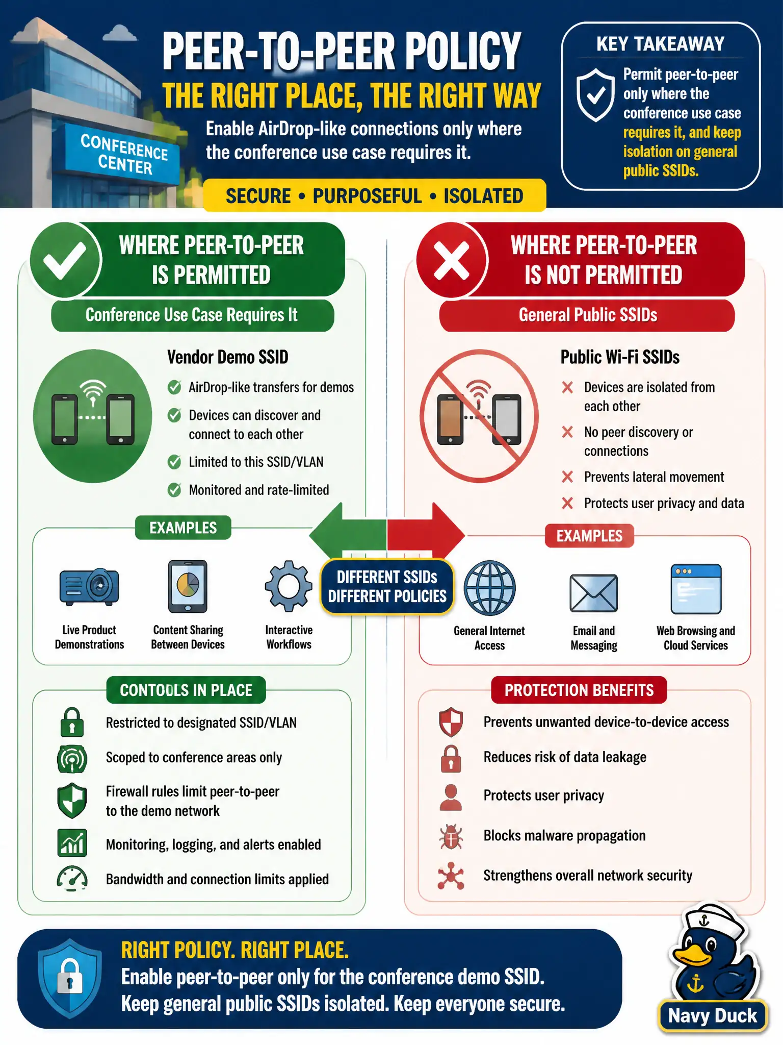 To Create an exciting colorful infographic that explains the concepts in the question: Question: A city conference-center SSID will host vendor demos that sometimes need AirDrop-like peer-to-peer transfers. How should the security designer treat peer-to-peer policy? Correct Answer: Permit peer-to-peer only where the conference use case requires it, and keep isolation on general public SSIDs. Put EVERY visible label in double quotes. No people. No A/B/C/D letters. In one of the four corners put a little "Navy Duck".
