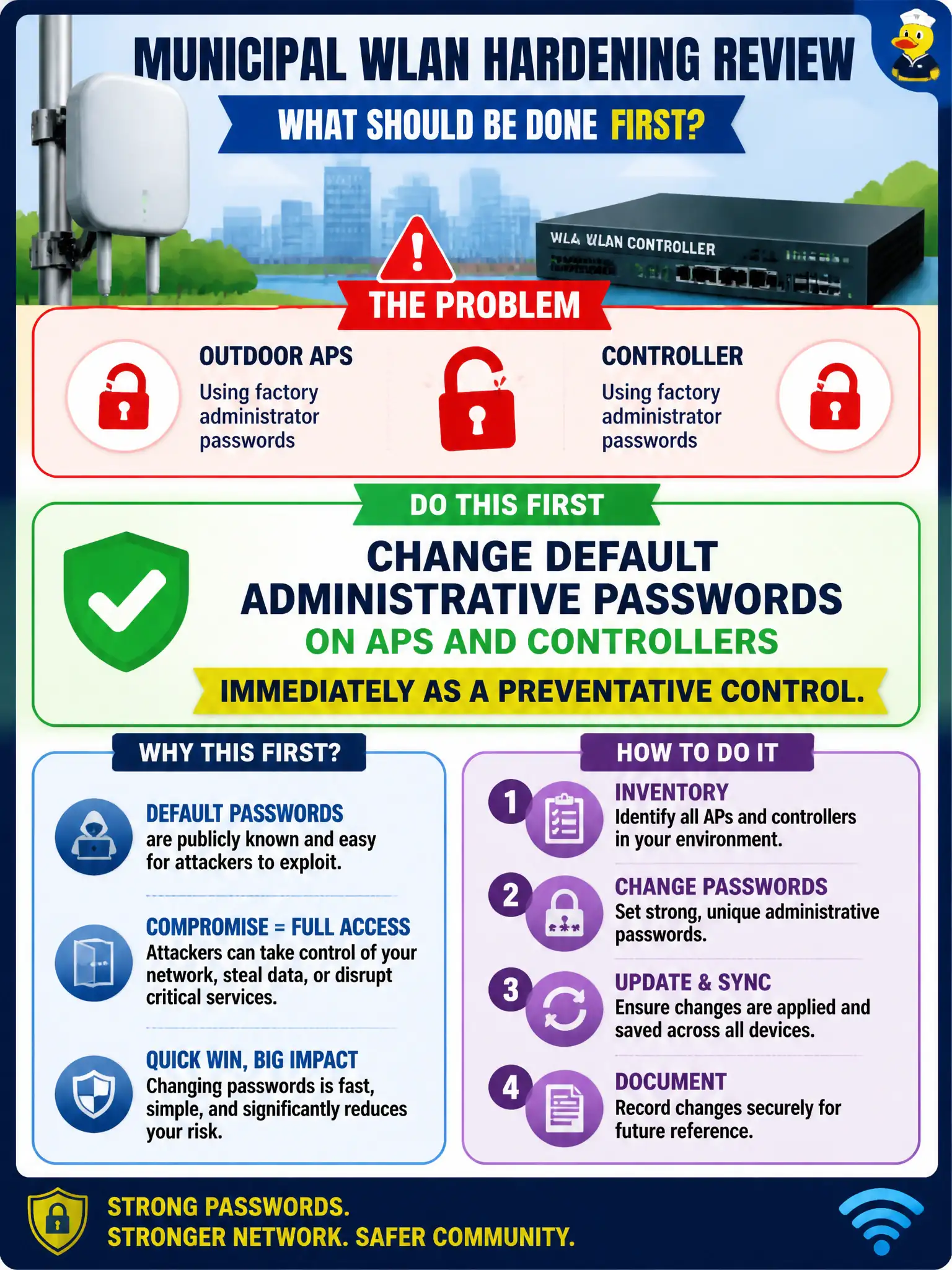 To Create an exciting colorful infographic that explains the concepts in the question: Question: During a municipal WLAN hardening review, outdoor APs and the controller still use factory administrator passwords. What should be done first? Correct Answer: Change default administrative passwords on APs and controllers immediately as a preventative control. Put EVERY visible label in double quotes. No people. No A/B/C/D letters. In one of the four corners put a little "Navy Duck".