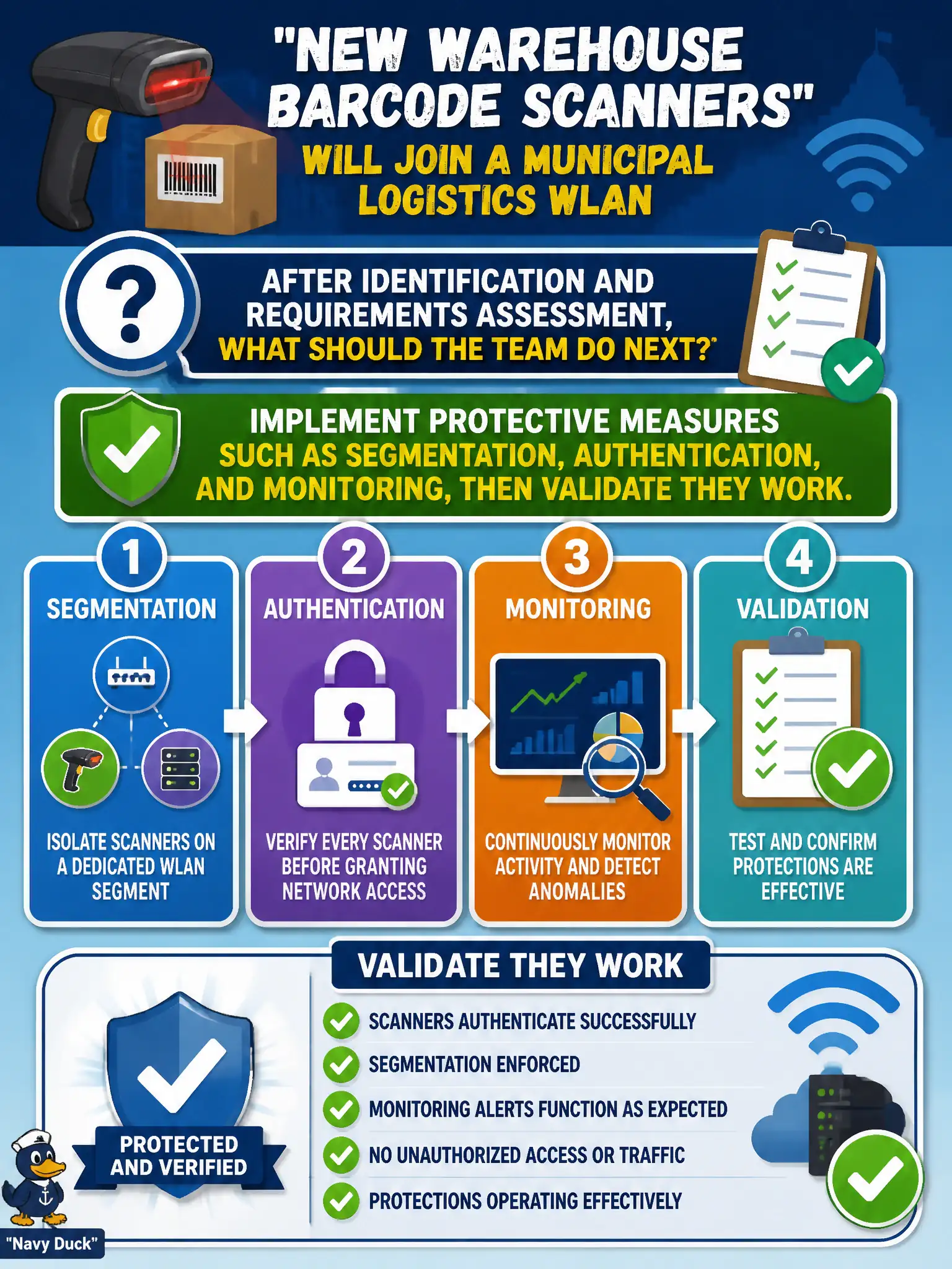 To Create an exciting colorful infographic that explains the concepts in the question: Question: New warehouse barcode scanners will join a municipal logistics WLAN. After identification and requirements assessment, what should the team do next? Correct Answer: Implement protective measures such as segmentation, authentication, and monitoring, then validate they work. Put EVERY visible label in double quotes. No people. No A/B/C/D letters. In one of the four corners put a little "Navy Duck".