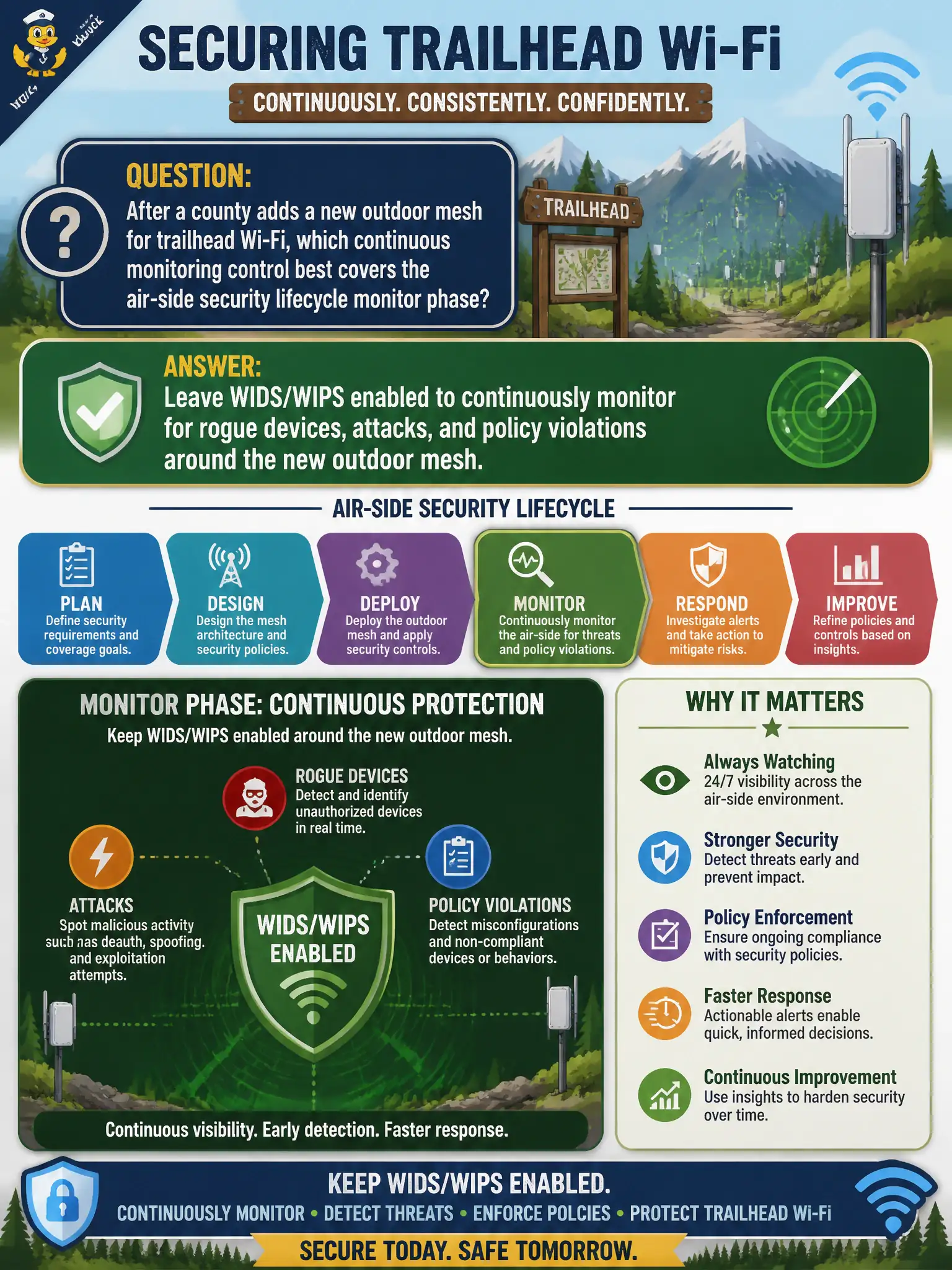 To Create an exciting colorful infographic that explains the concepts in the question: Question: After a county adds a new outdoor mesh for trailhead Wi-Fi, which continuous monitoring control best covers the air-side security lifecycle monitor phase? Correct Answer: Leave WIDS/WIPS enabled to continuously monitor for rogue devices, attacks, and policy violations around the new outdoor mesh. Put EVERY visible label in double quotes. No people. No A/B/C/D letters. In one of the four corners put a little "Navy Duck".