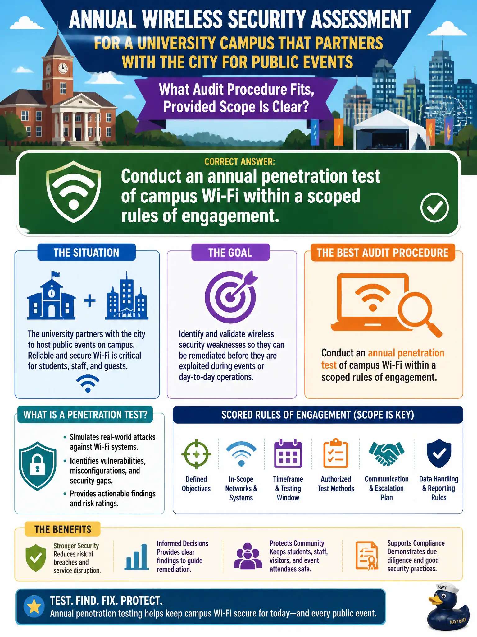 To Create an exciting colorful infographic that explains the concepts in the question: Question: A university campus that partners with the city for public events wants an annual wireless security assessment. What audit procedure fits, provided scope is clear? Correct Answer: Conduct an annual penetration test of campus Wi-Fi within a scoped rules of engagement. Put EVERY visible label in double quotes. No people. No A/B/C/D letters. In one of the four corners put a little "Navy Duck".