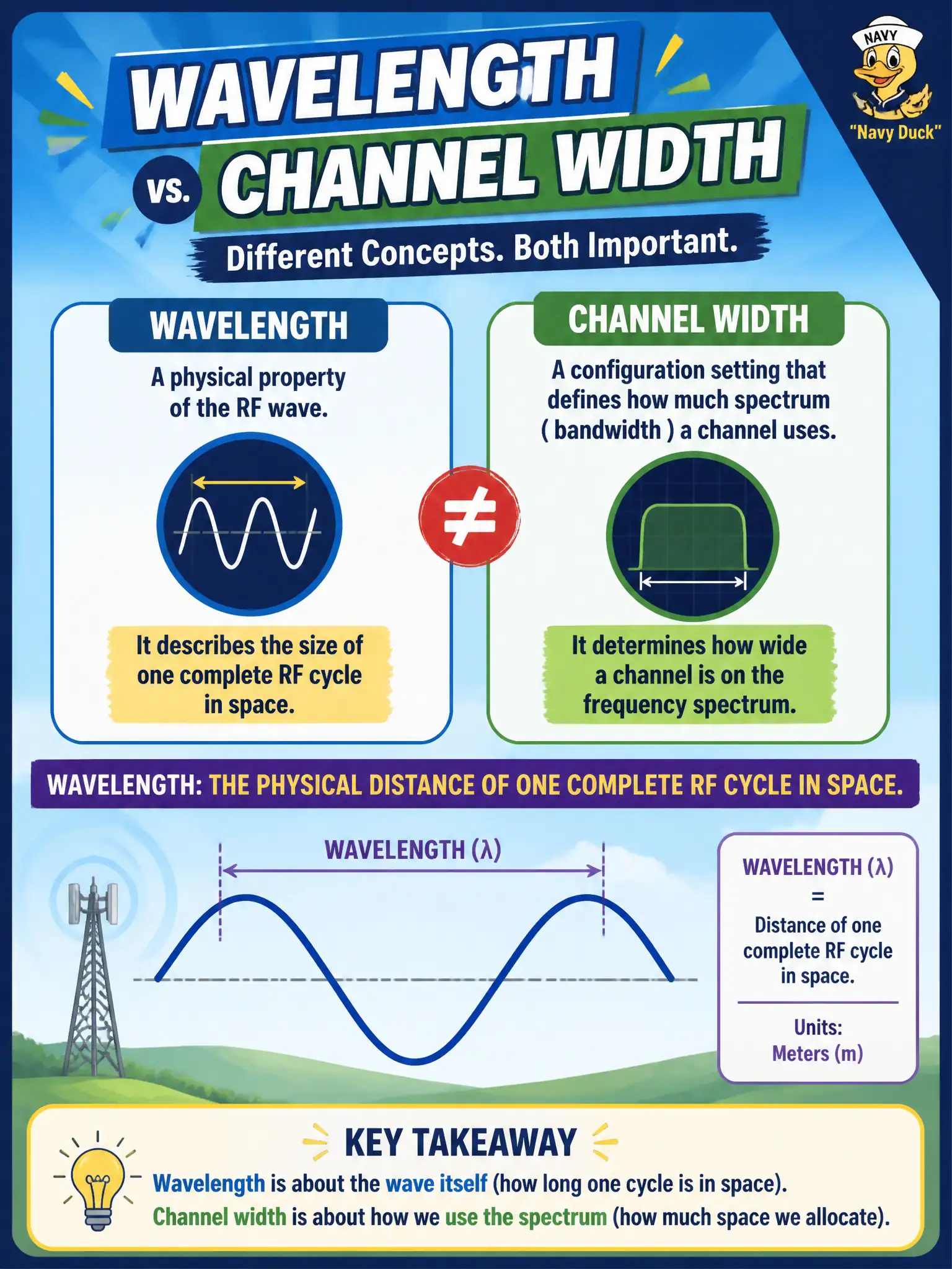 To Create an exciting colorful infographic that explains the concepts in the question: Question: During a simple municipal mesh discussion, staff confuse wavelength with channel width. How should the technician define wavelength? Correct Answer: The physical distance of one complete RF cycle in space. Put EVERY visible label in double quotes. No people. No A/B/C/D letters. In one of the four corners put a little "Navy Duck".