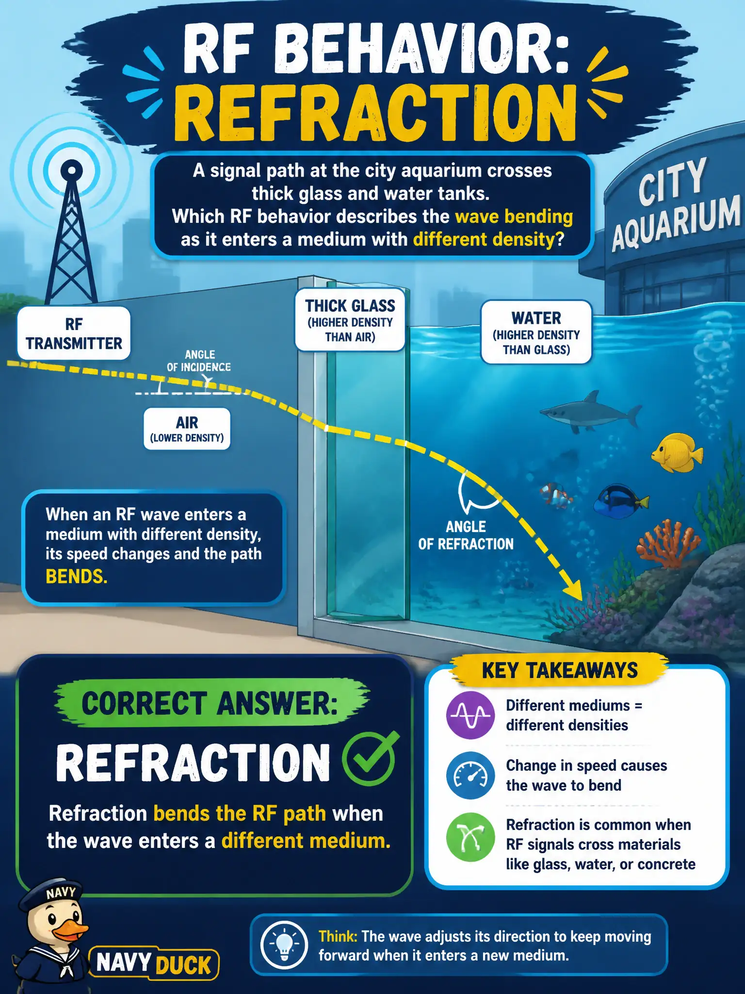 To Create an exciting colorful infographic that explains the concepts in the question: Question: A signal path at the city aquarium crosses thick glass and water tanks. Which RF behavior describes the wave bending as it enters a medium with different density? Correct Answer: Refraction, which bends the RF path when the wave enters a different medium. Put EVERY visible label in double quotes. No people. No A/B/C/D letters. In one of the four corners put a little "Navy Duck".