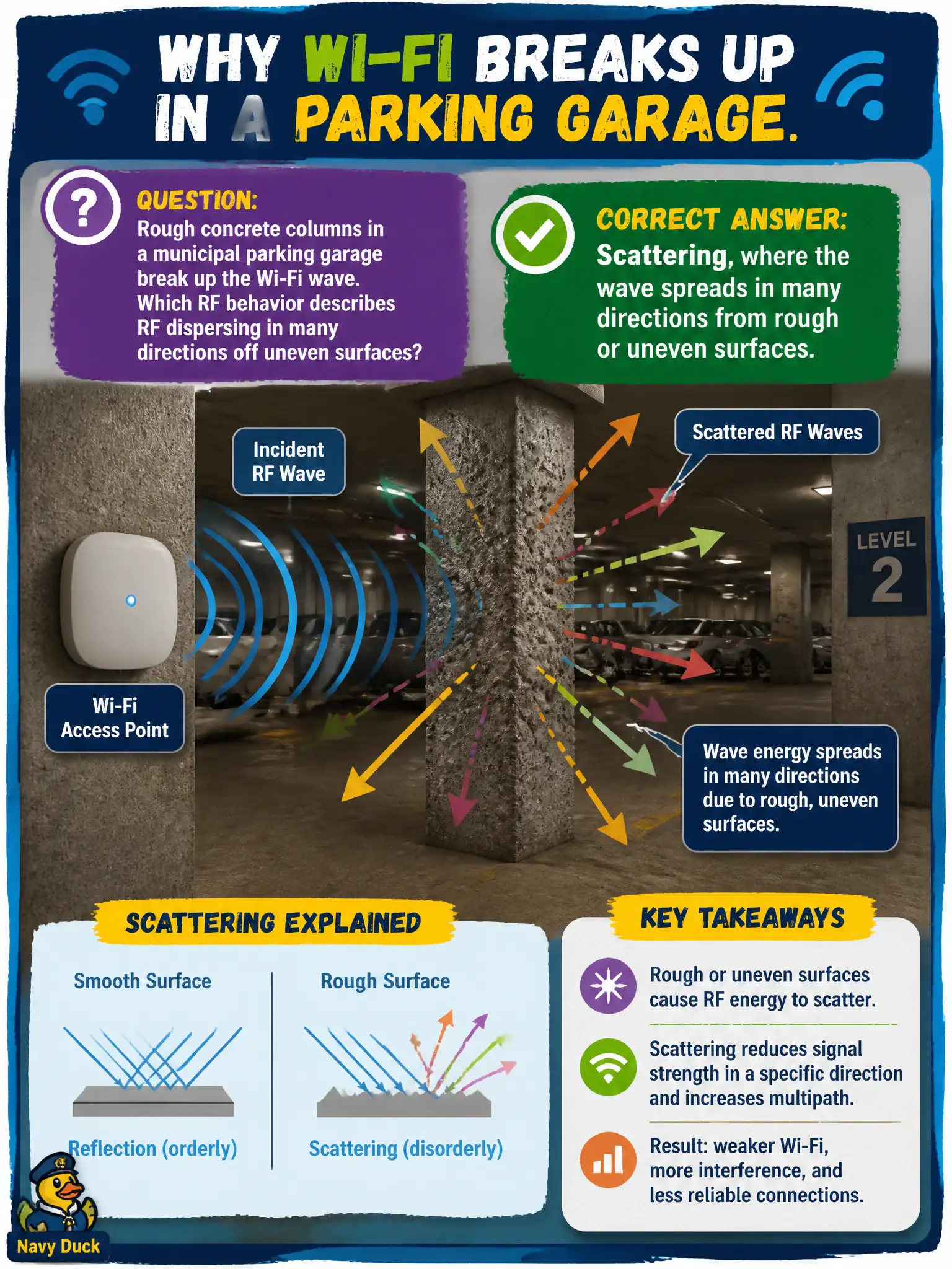 To Create an exciting colorful infographic that explains the concepts in the question: Question: Rough concrete columns in a municipal parking garage break up the Wi-Fi wave. Which RF behavior describes RF dispersing in many directions off uneven surfaces? Correct Answer: Scattering, where the wave spreads in many directions from rough or uneven surfaces. Put EVERY visible label in double quotes. No people. No A/B/C/D letters. In one of the four corners put a little "Navy Duck".