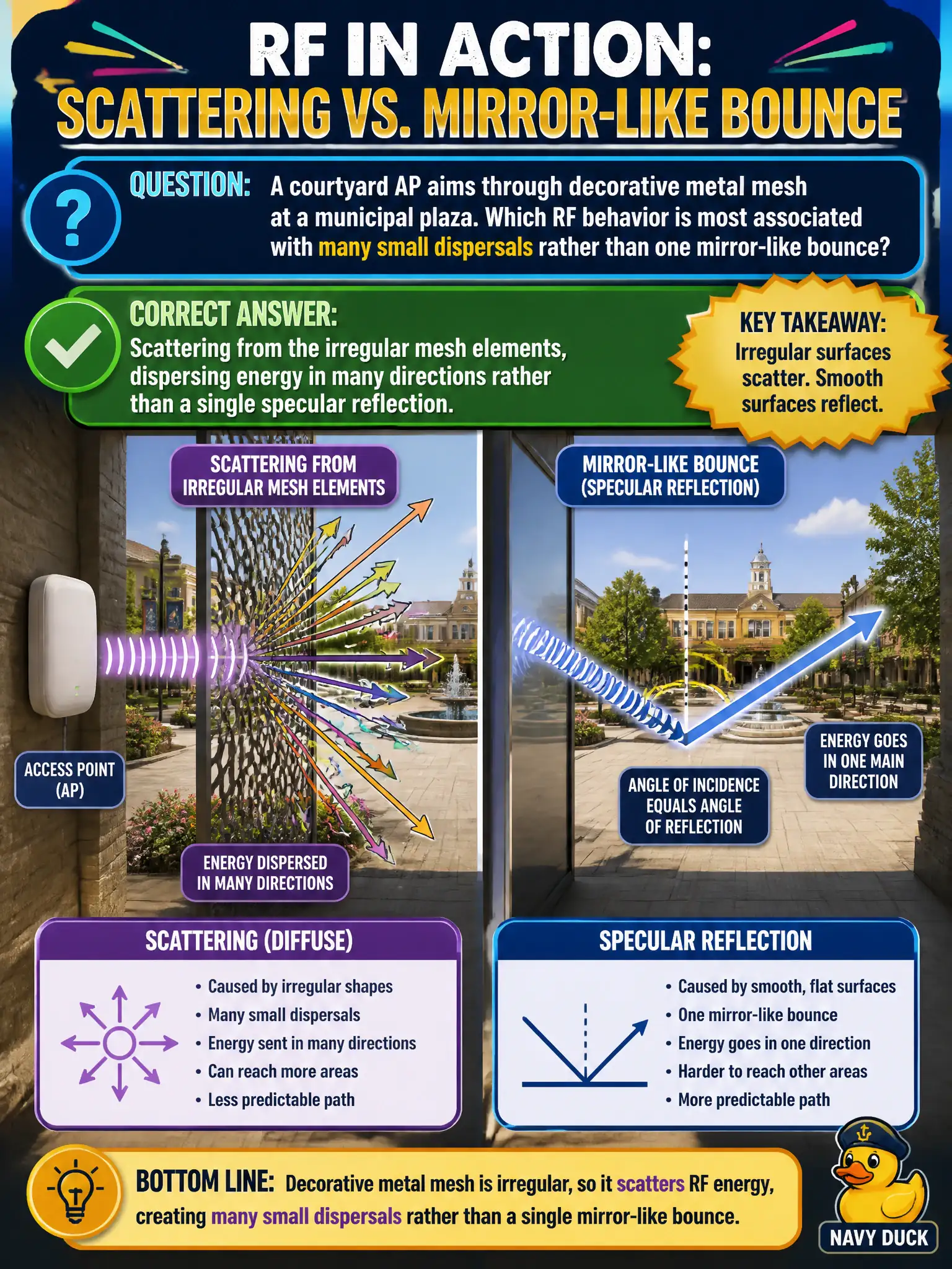 To Create an exciting colorful infographic that explains the concepts in the question: Question: A courtyard AP aims through decorative metal mesh at a municipal plaza. Which RF behavior is most associated with many small dispersals rather than one mirror-like bounce? Correct Answer: Scattering from the irregular mesh elements, dispersing energy in many directions rather than a single specular reflection. Put EVERY visible label in double quotes. No people. No A/B/C/D letters. In one of the four corners put a little "Navy Duck".